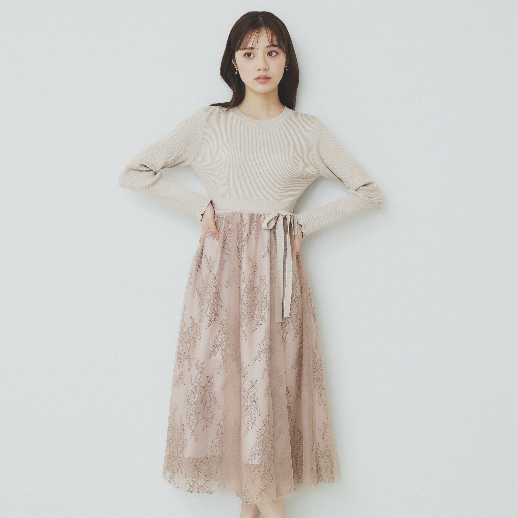 index「チュールレーススカートドッキングワンピース【洗濯機洗い可】」|ワンピース|グレージュ(050)