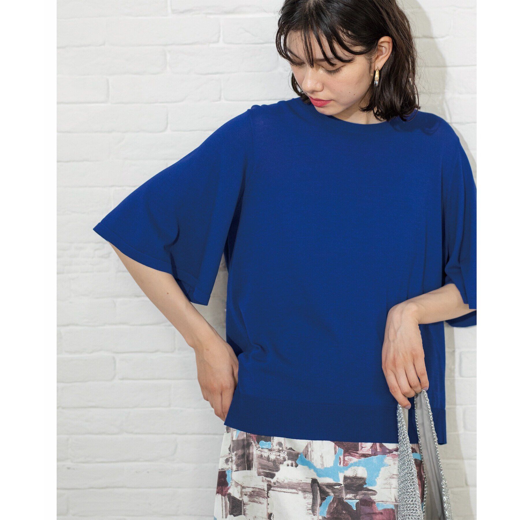 OPAQUE.CLIP「《6color》クールタッチフレアスリーブニット【洗濯機洗い可/UVケア/接触冷感/抗ピル】」|ニット・セーター|ブルー(093)