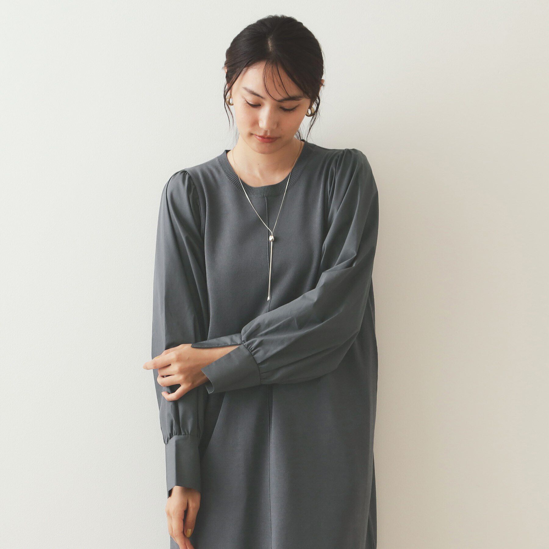 OPAQUE.CLIP「異素材切り替えニットワンピース【洗濯機洗い可】」|ワンピース|