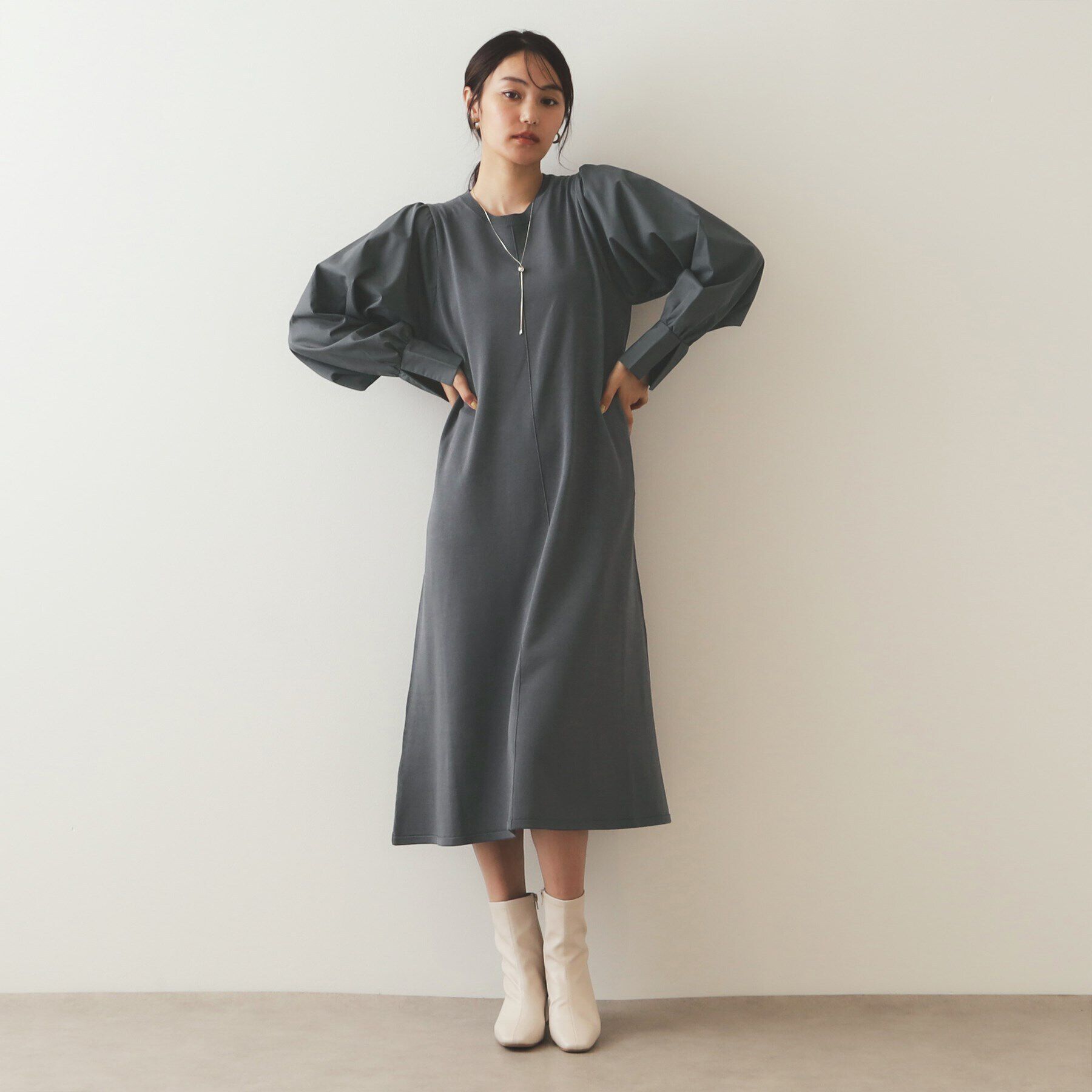 OPAQUE.CLIP「異素材切り替えニットワンピース【洗濯機洗い可】」|ワンピース|