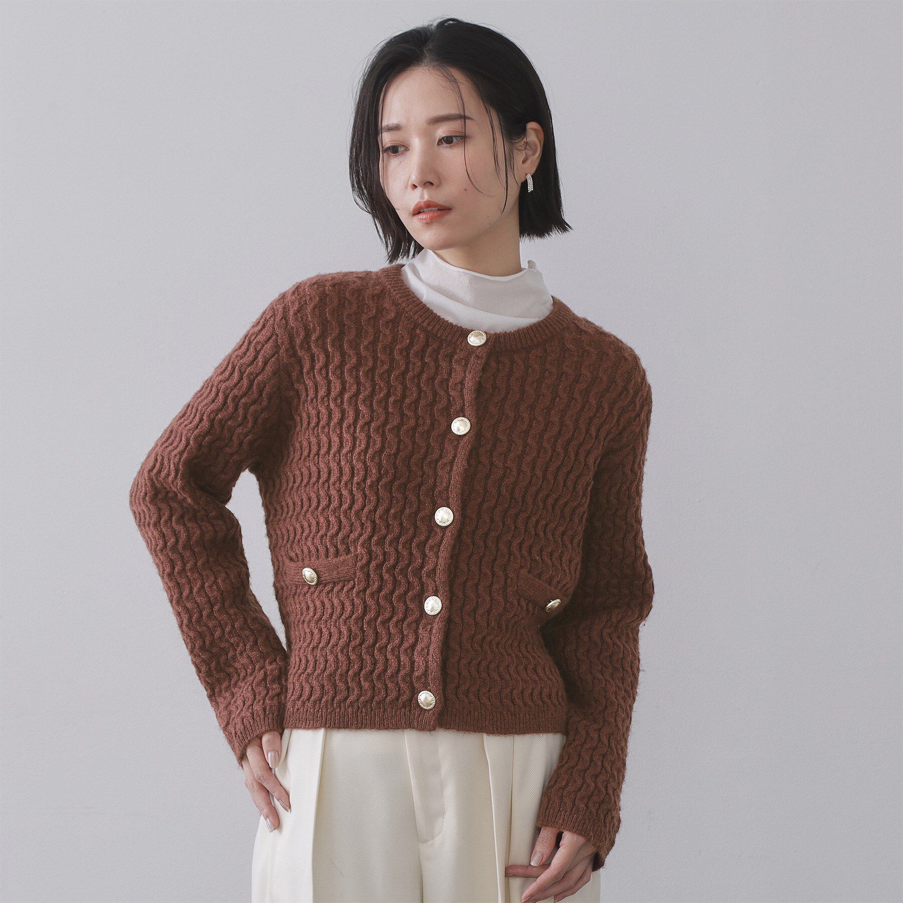 OPAQUE.CLIP「モヘヤタッチケーブル金ボタンカーディガン【洗濯機OK】」|カーディガン|