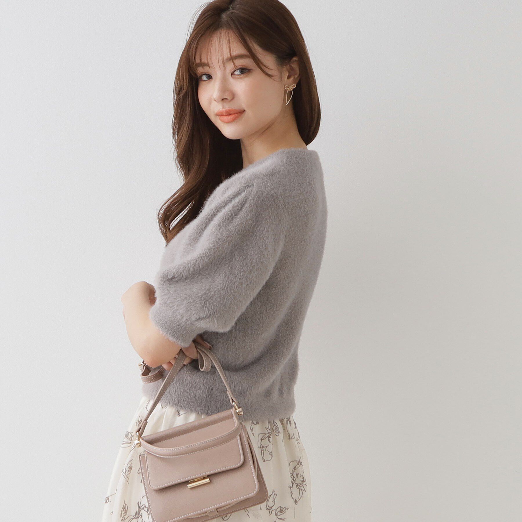 Couture broach「リボン付きラメフェザー5分袖ニット」|ニット・セーター|