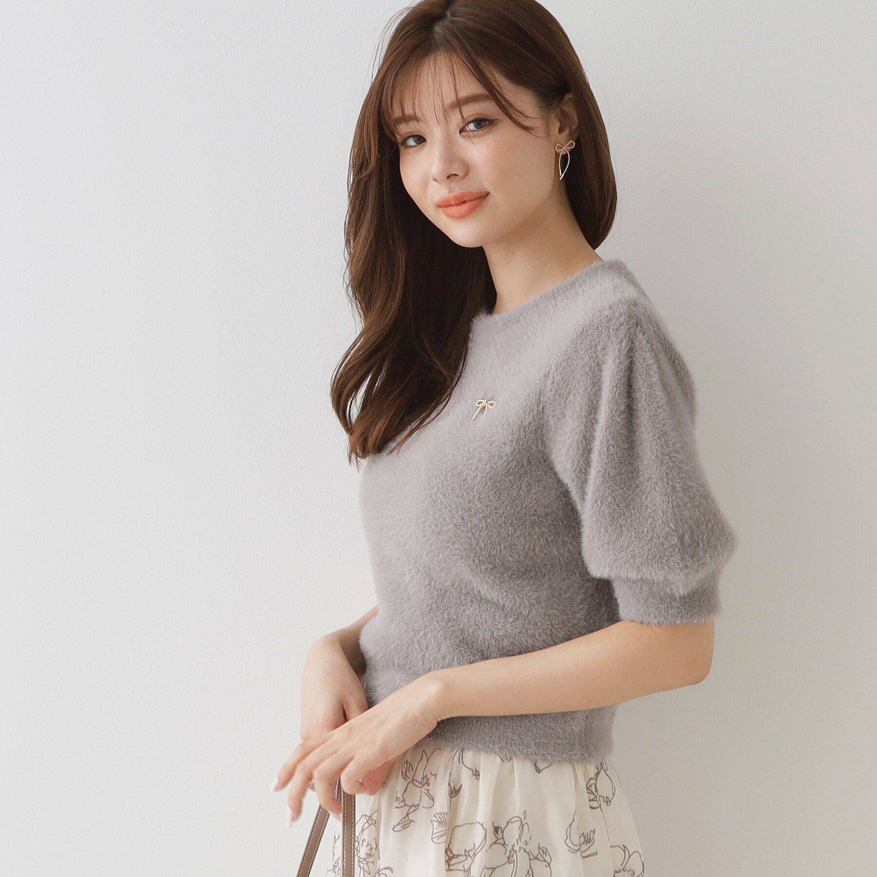 Couture broach「リボン付きラメフェザー5分袖ニット」|ニット・セーター|