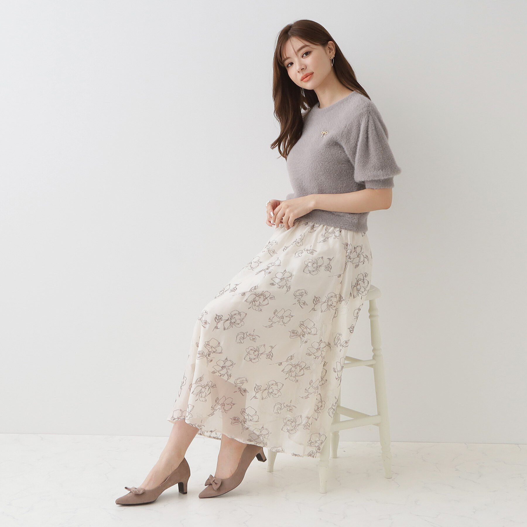 Couture broach「リボン付きラメフェザー5分袖ニット」|ニット・セーター|