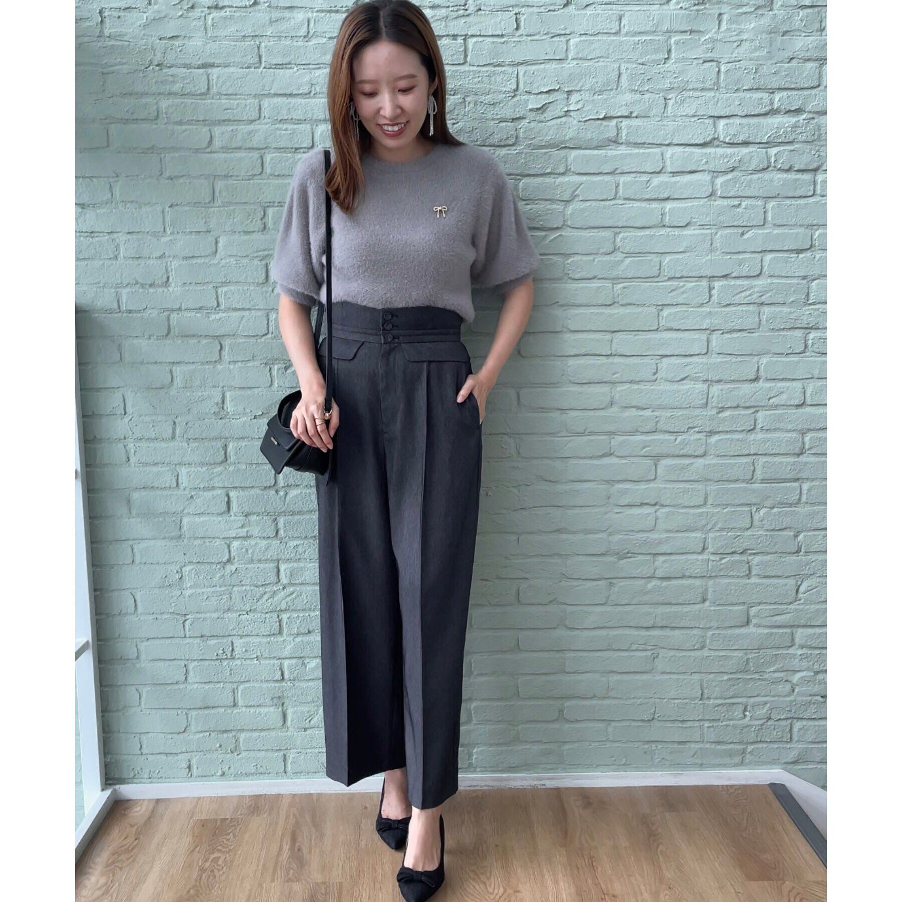 Couture broach「リボン付きラメフェザー5分袖ニット」|ニット・セーター|