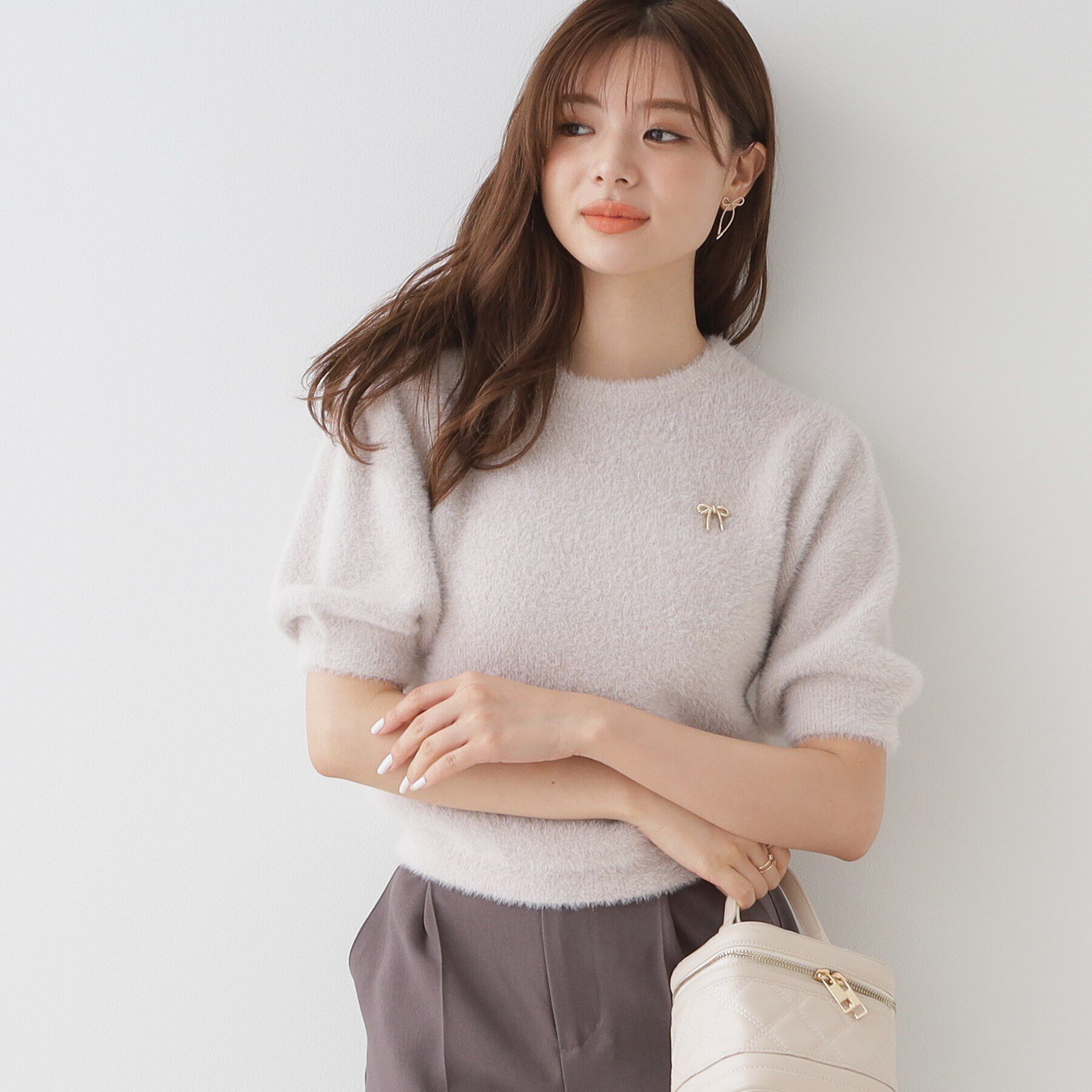 Couture broach「リボン付きラメフェザー5分袖ニット」|ニット・セーター|