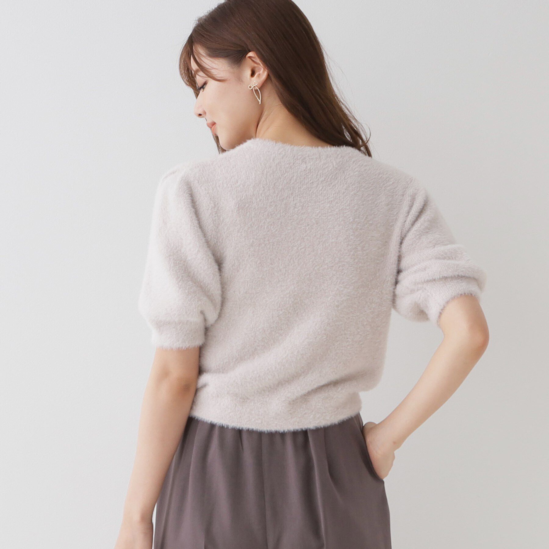 Couture broach「リボン付きラメフェザー5分袖ニット」|ニット・セーター|