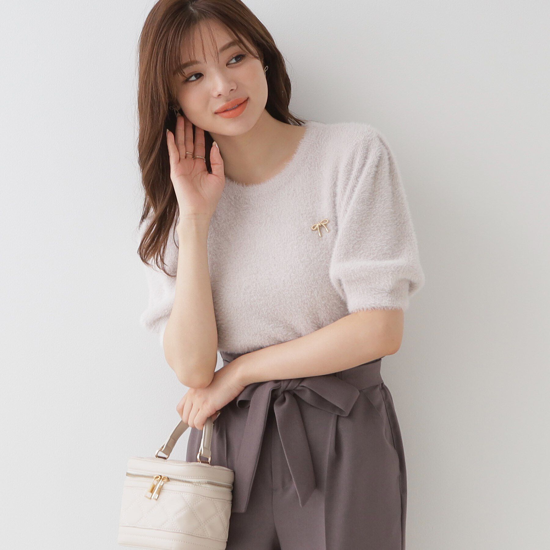 Couture broach「リボン付きラメフェザー5分袖ニット」|ニット・セーター|