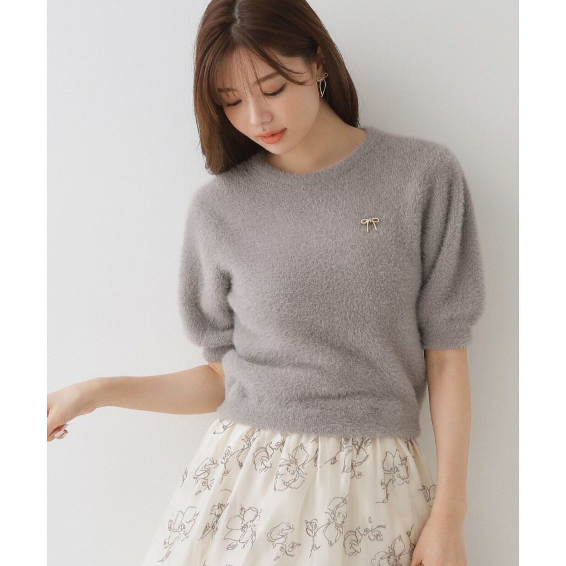 Couture broach「リボン付きラメフェザー5分袖ニット」|ニット・セーター|ﾄｰﾌﾟ(054)