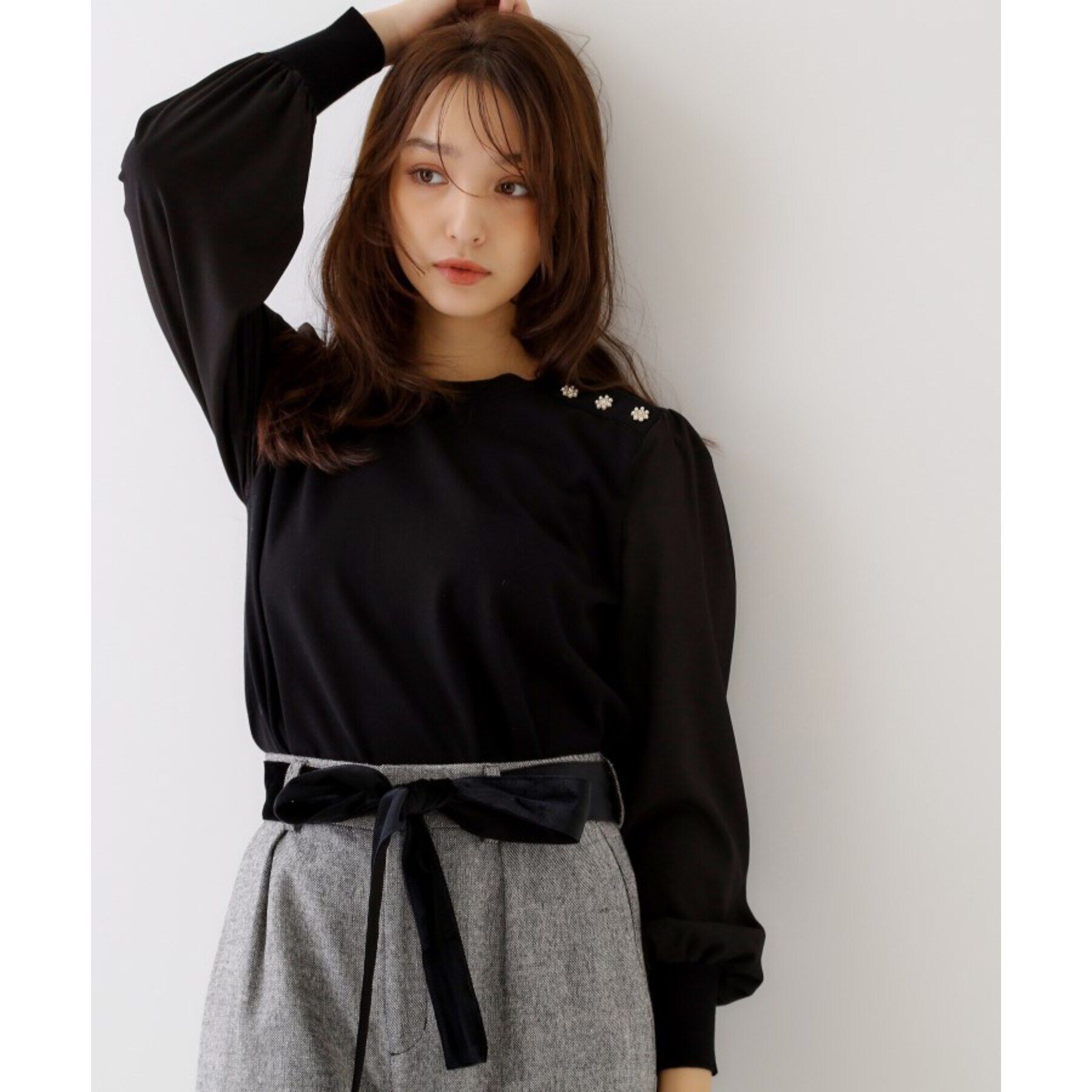 Couture broach「【大人レディなニット・通勤にも】飾り釦ドッキングスリーブニット」|ニット・セーター|