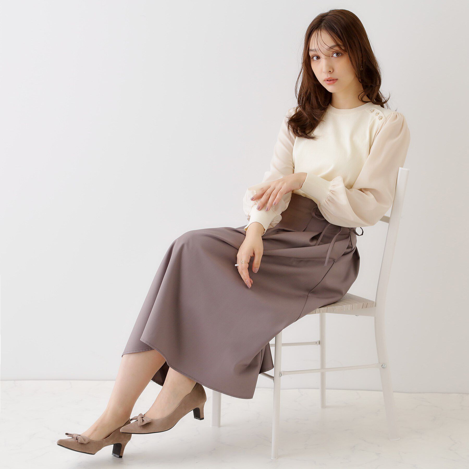 Couture broach「【大人レディなニット・通勤にも】飾り釦ドッキングスリーブニット」|ニット・セーター|