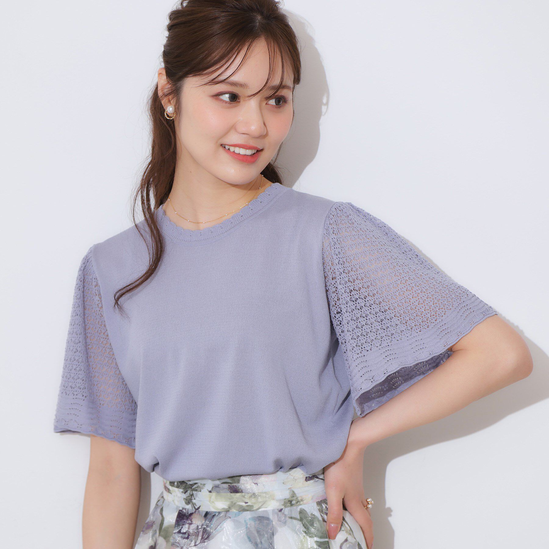 Couture broach「【手洗い可能・UV・アンチピリング・接触冷感・二の腕カバー】透かし袖ニットトップス」|ニット・セーター|