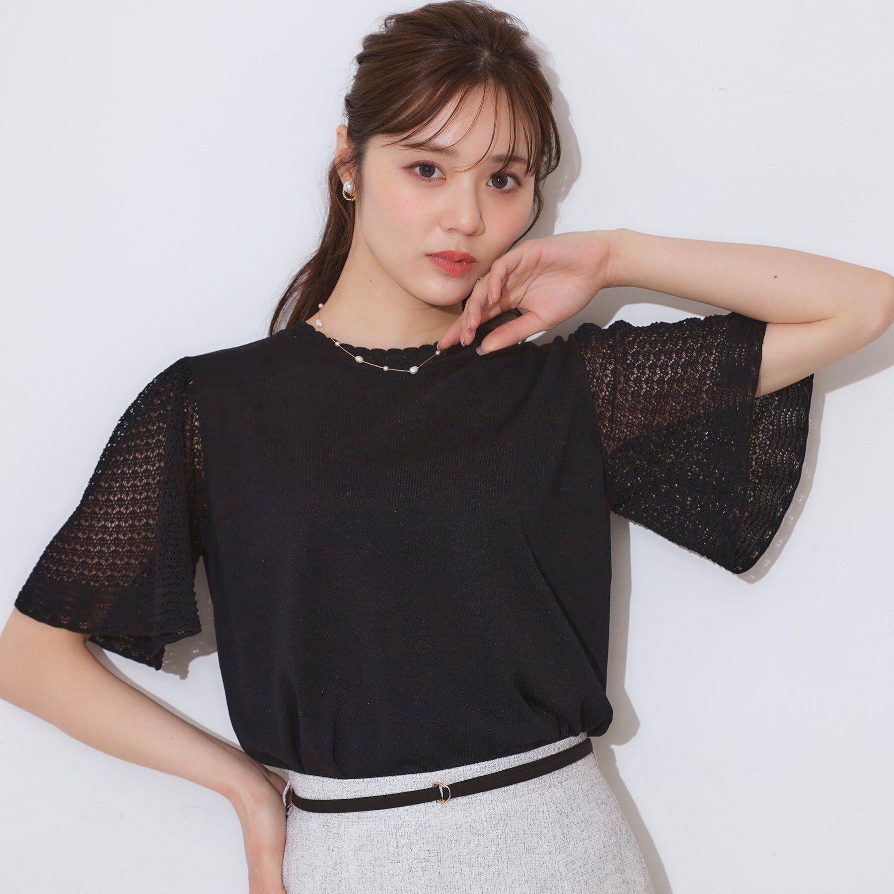 Couture broach「【手洗い可能・UV・アンチピリング・接触冷感・二の腕カバー】透かし袖ニットトップス」|ニット・セーター|ブラック(019)