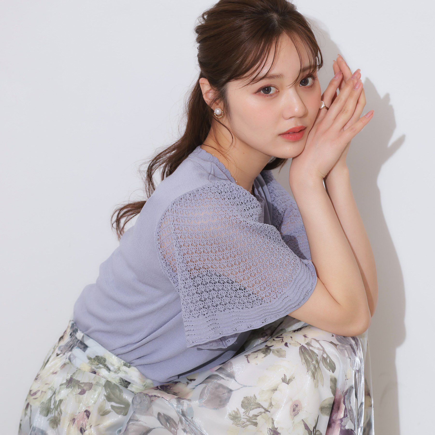 Couture broach「【手洗い可能・UV・アンチピリング・接触冷感・二の腕カバー】透かし袖ニットトップス」|ニット・セーター|ブルー(091)