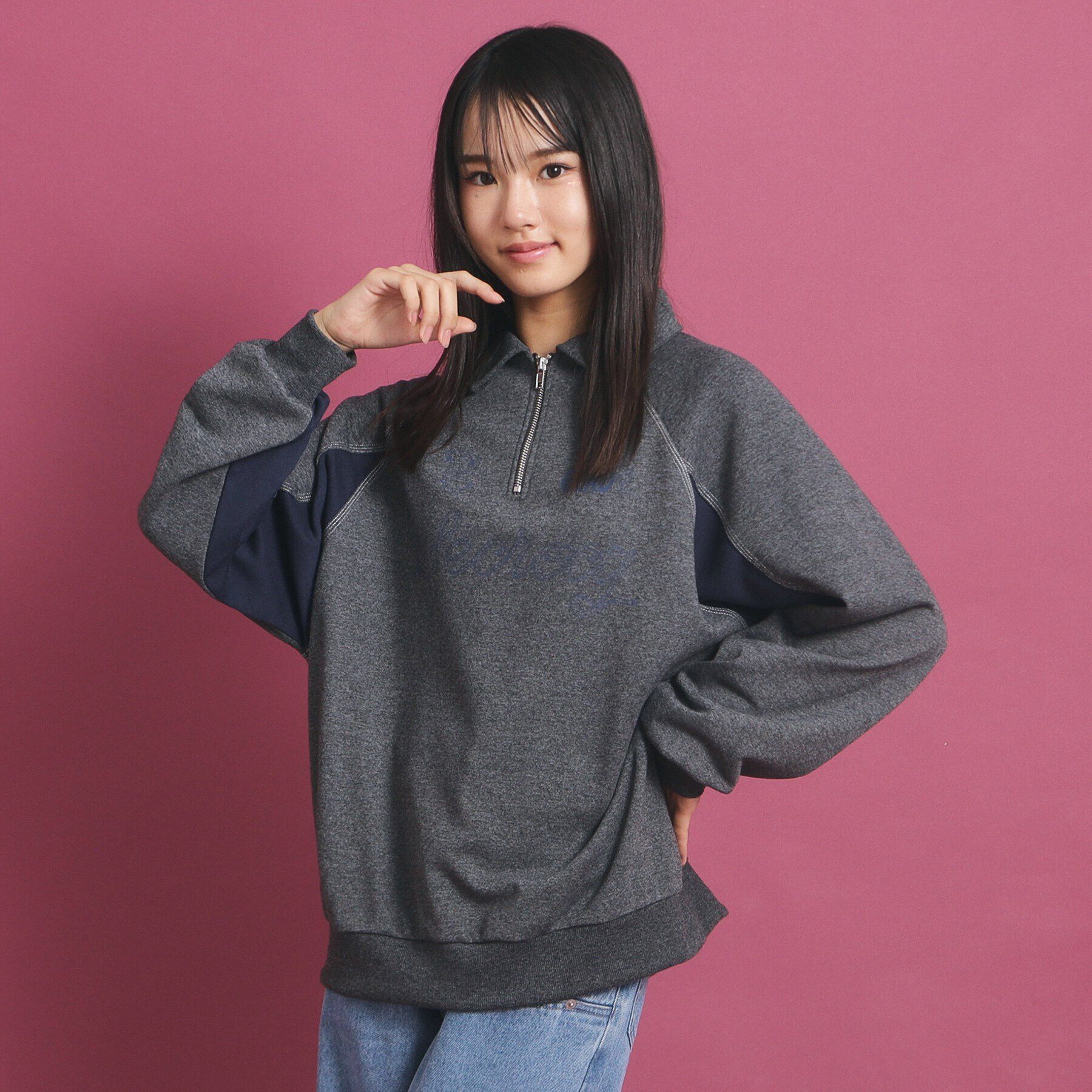 PINK-latte「ビックシルエット ハーフジップ」|Tシャツ・カットソー|チャコールグレー(0