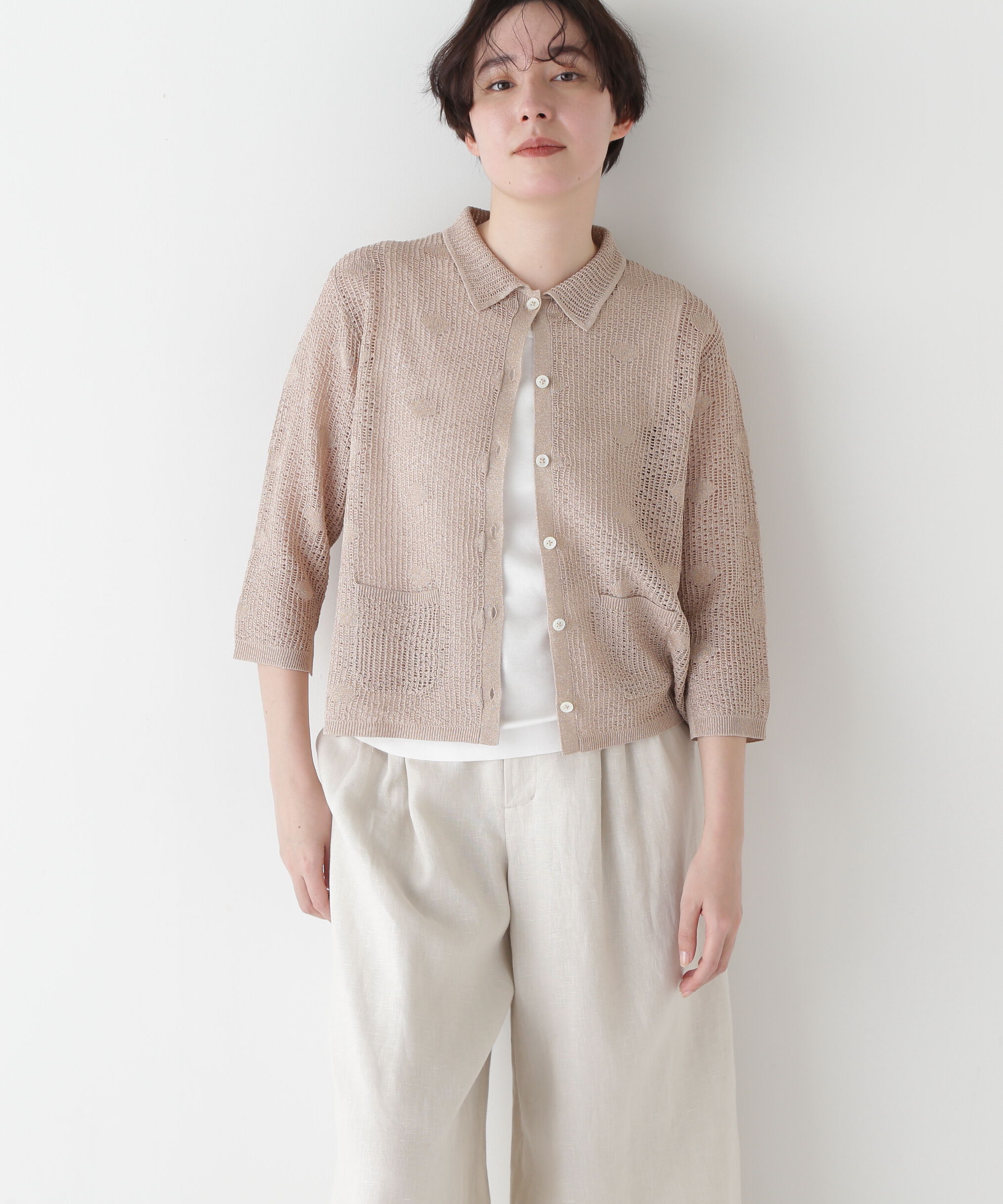  「◆【ウォッシャブル】ラメメッシュオープンカラーカーディガン」|ニット・セーター|