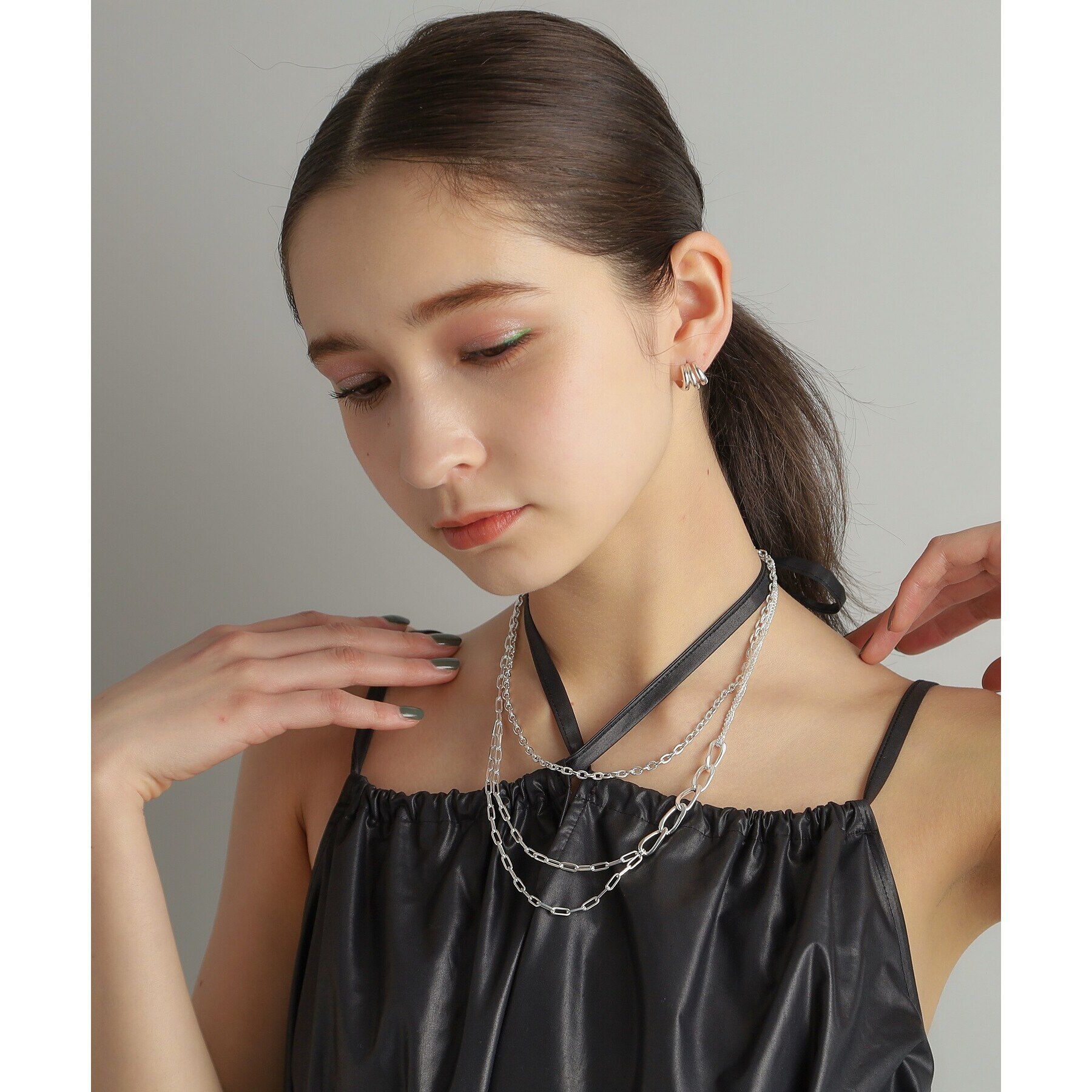 COCOSHNIK ONKITSCH「シルバー ミックスチェーン アシンメトリードレープネックレス」|ネックレス|