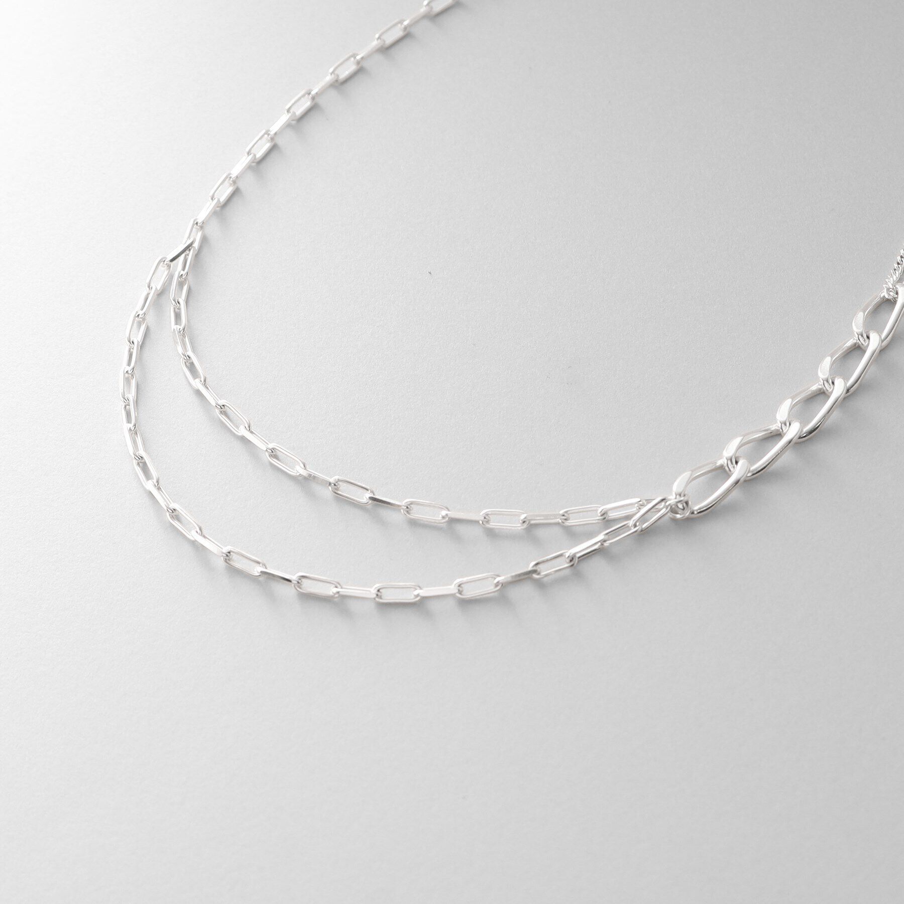 COCOSHNIK ONKITSCH「シルバー ミックスチェーン アシンメトリードレープネックレス」|ネックレス|