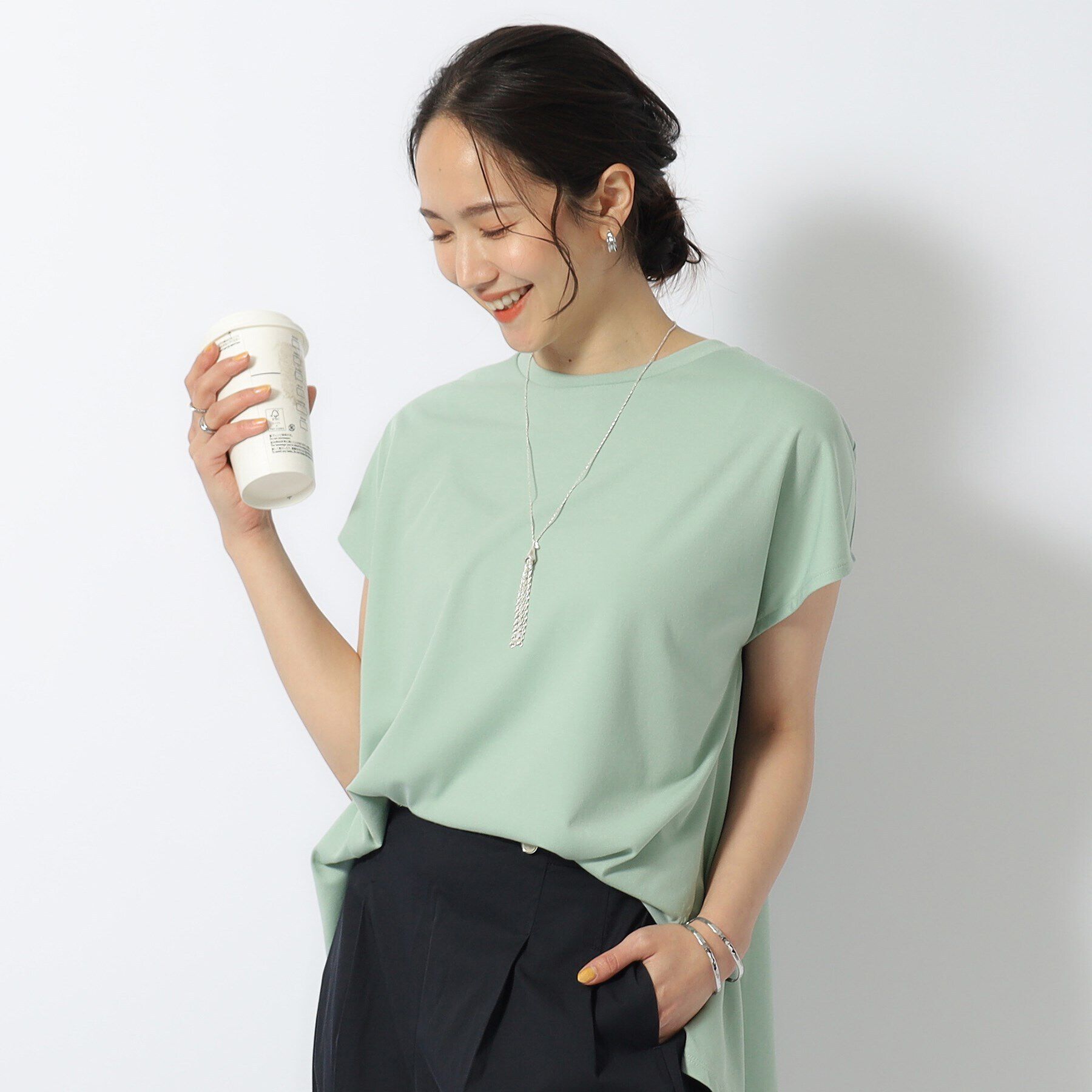 SHOO･LA･RUE「【洗える/UV】Aライン 後ろタック フレンチトップス」|Tシャツ・カットソー|ミントグリーン(02