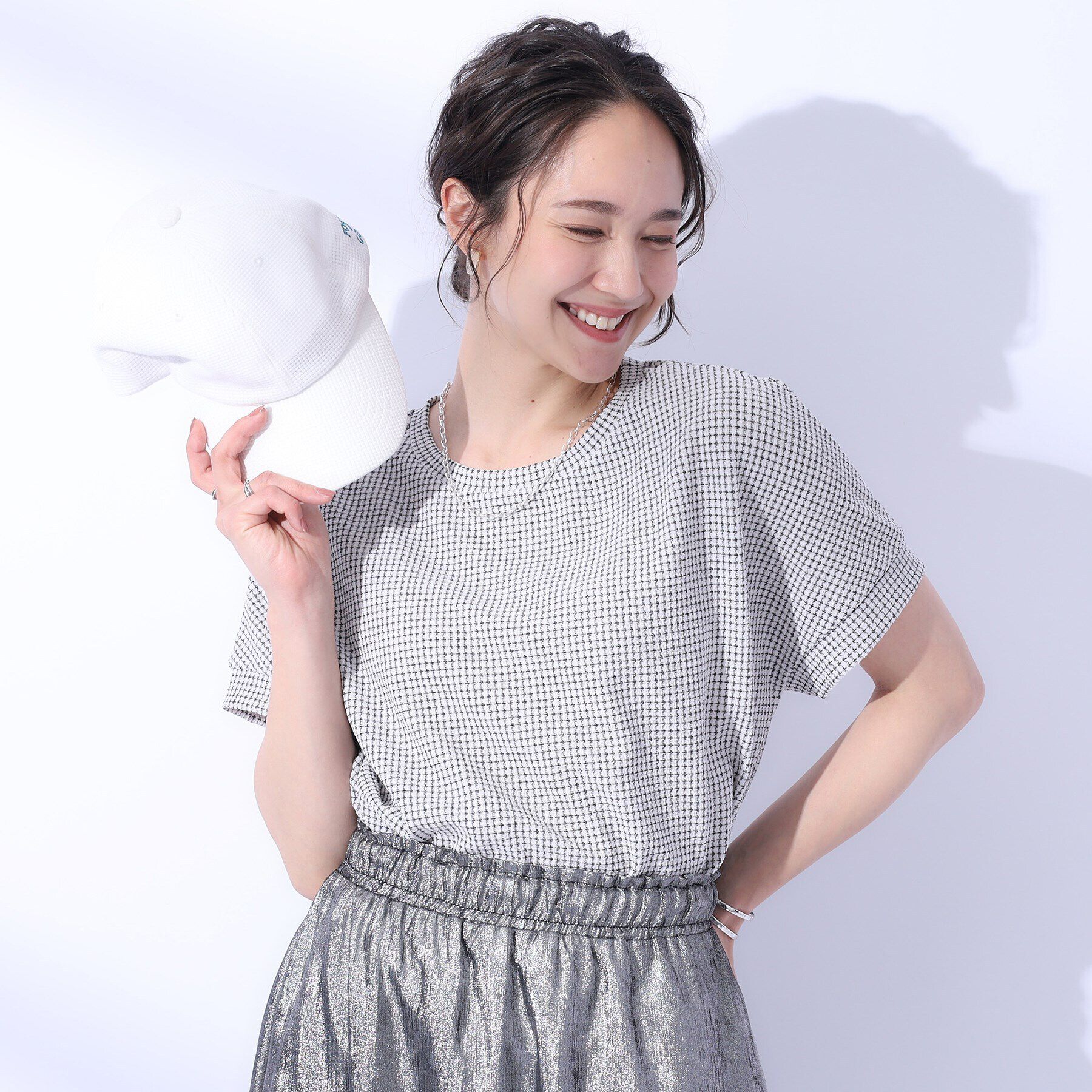 SHOO･LA･RUE「コーデのアクセントに ジャカードチェックトップス」|Tシャツ・カットソー|ホワイト(202)