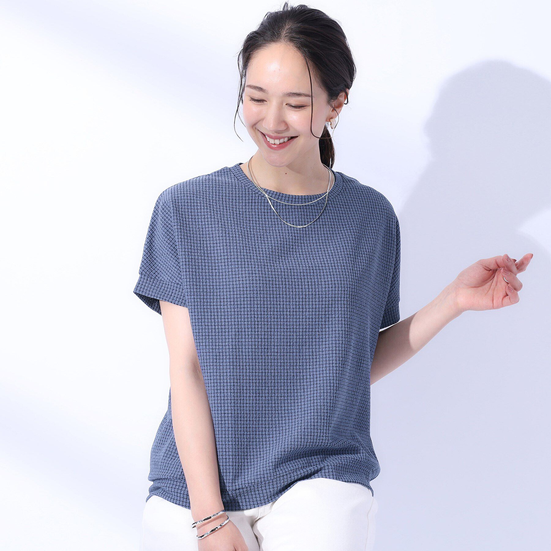 SHOO･LA･RUE「コーデのアクセントに ジャカードチェックトップス」|Tシャツ・カットソー|ブルー(293)