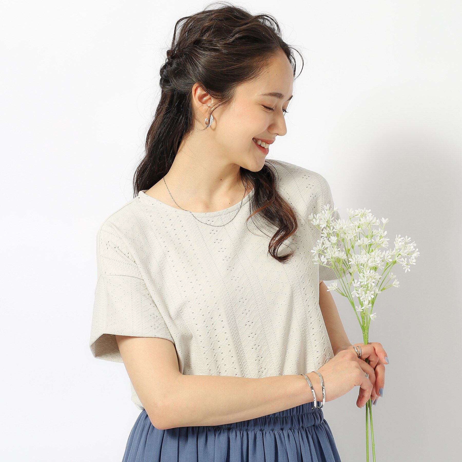 SHOO･LA･RUE「涼やかにきれい見え レースライク ジャカードトップス」|Tシャツ・カットソー|アイボリー(004)