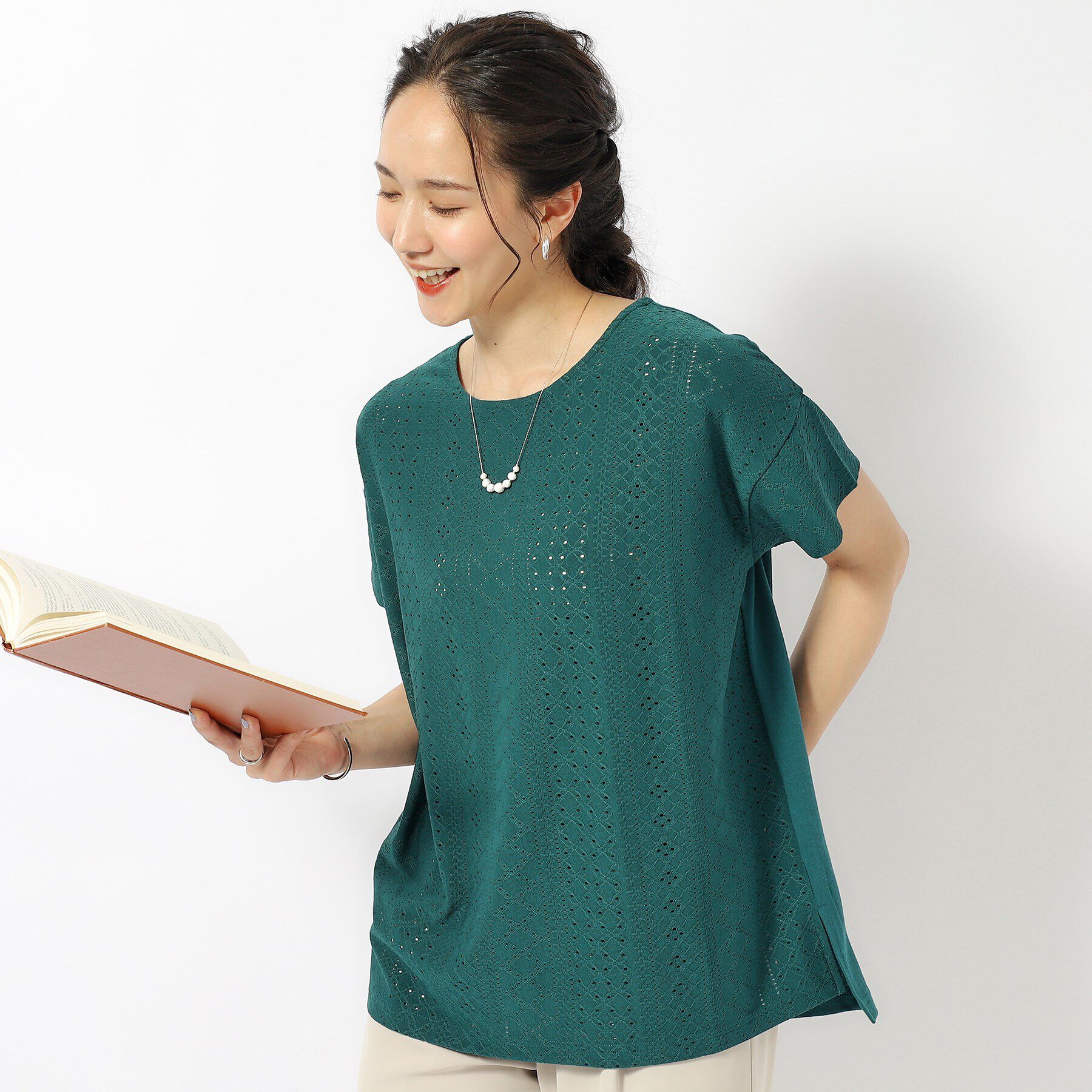 SHOO･LA･RUE「涼やかにきれい見え レースライク ジャカードトップス」|Tシャツ・カットソー|ブルーグリーン(09