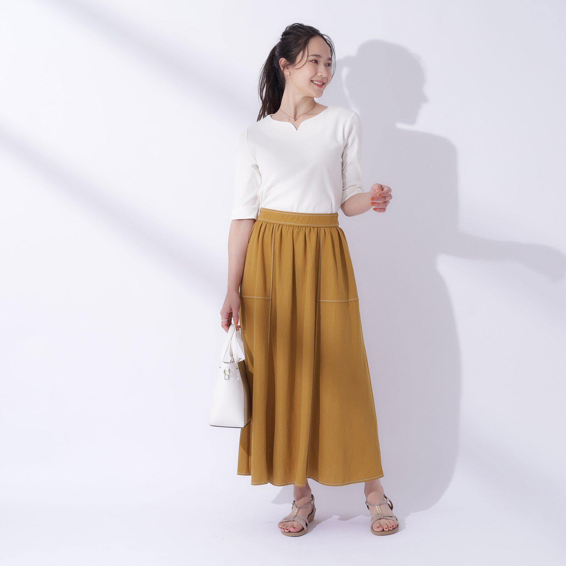 SHOO･LA･RUE「【UV】大人上品な 配色ステッチ フレアスカート」|スカート|
