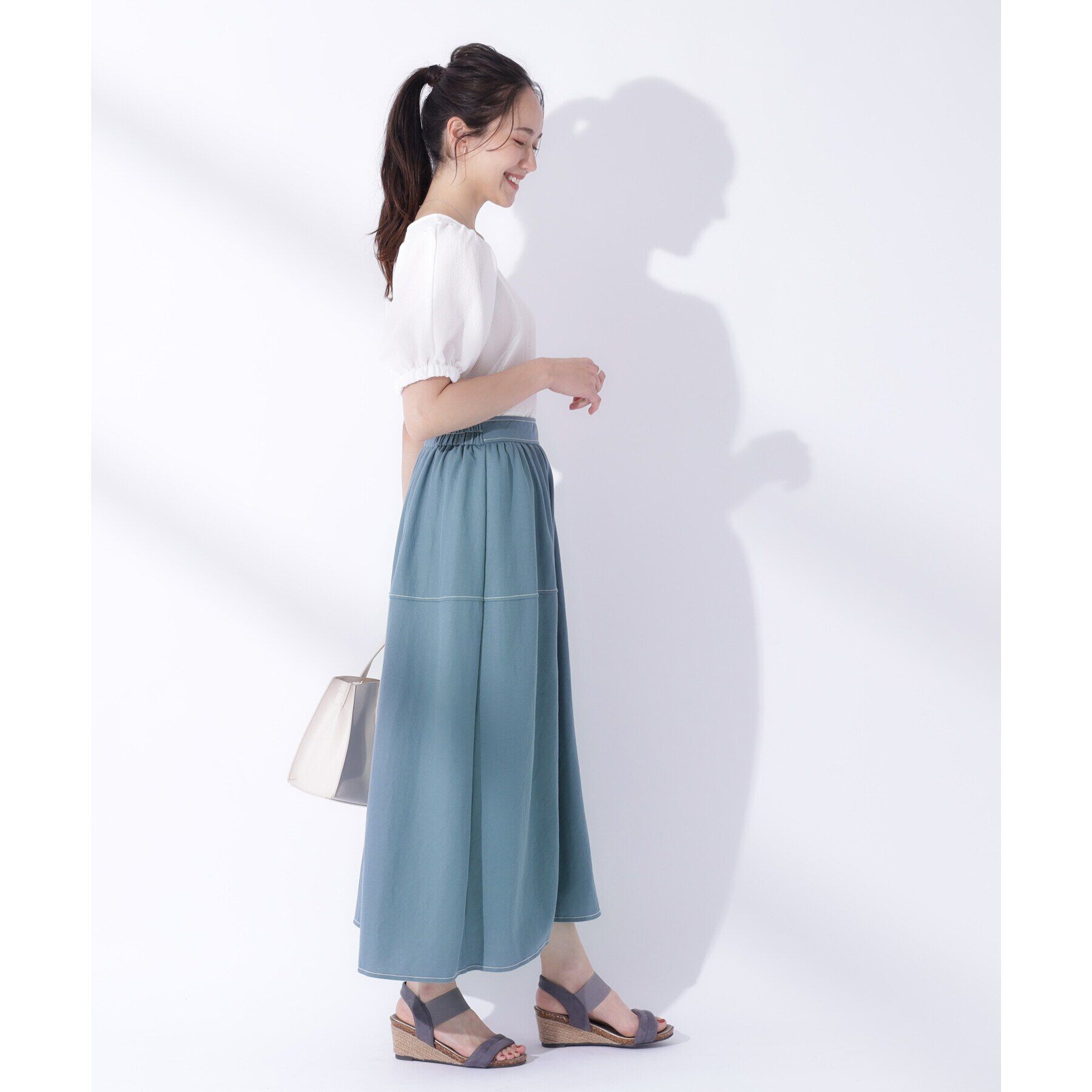 SHOO･LA･RUE「【UV】大人上品な 配色ステッチ フレアスカート」|スカート|