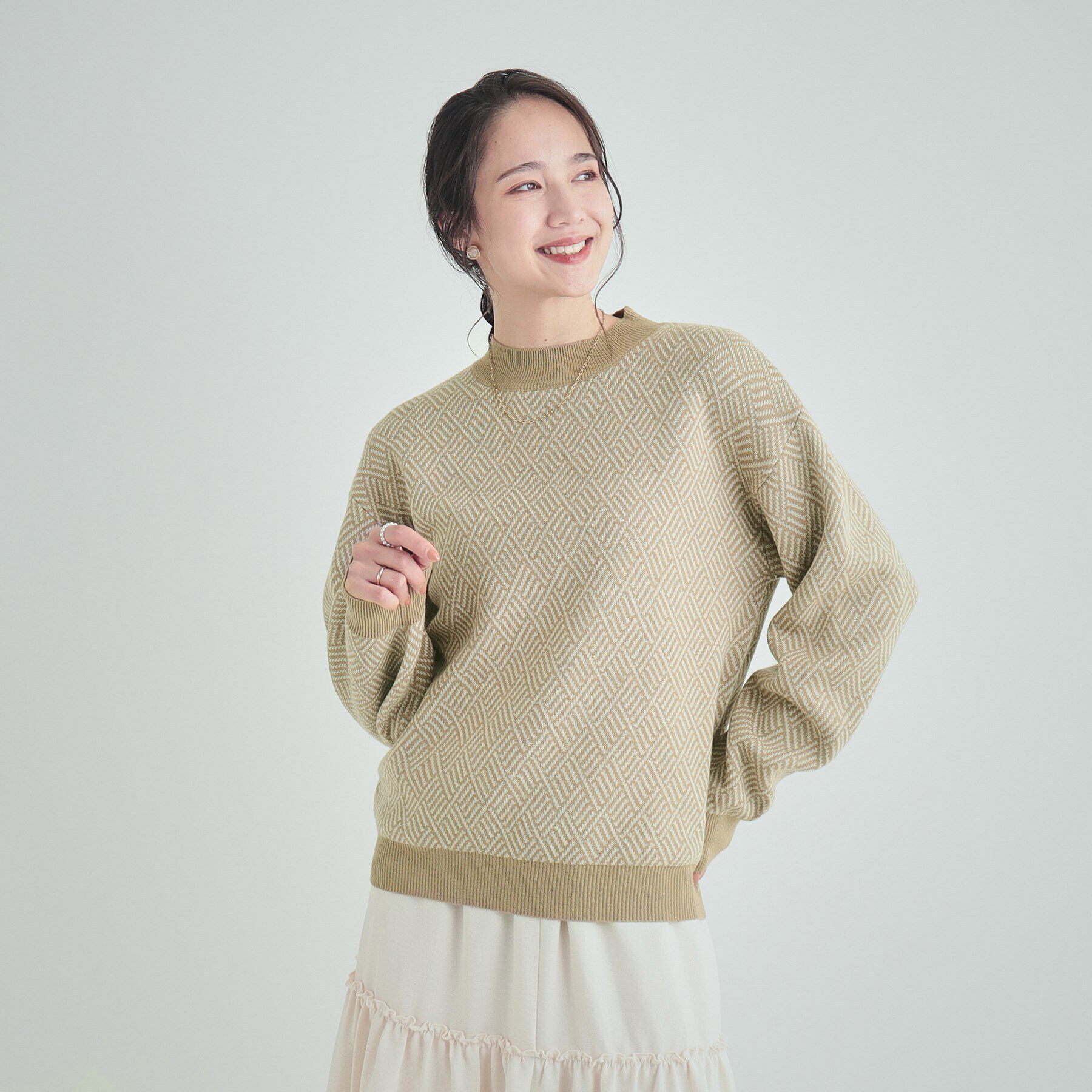 SHOO･LA･RUE「【S-LL/洗える/毛玉レス】クラシカルな柄が目を惹く プチハイネックニット」|ニット・セーター|