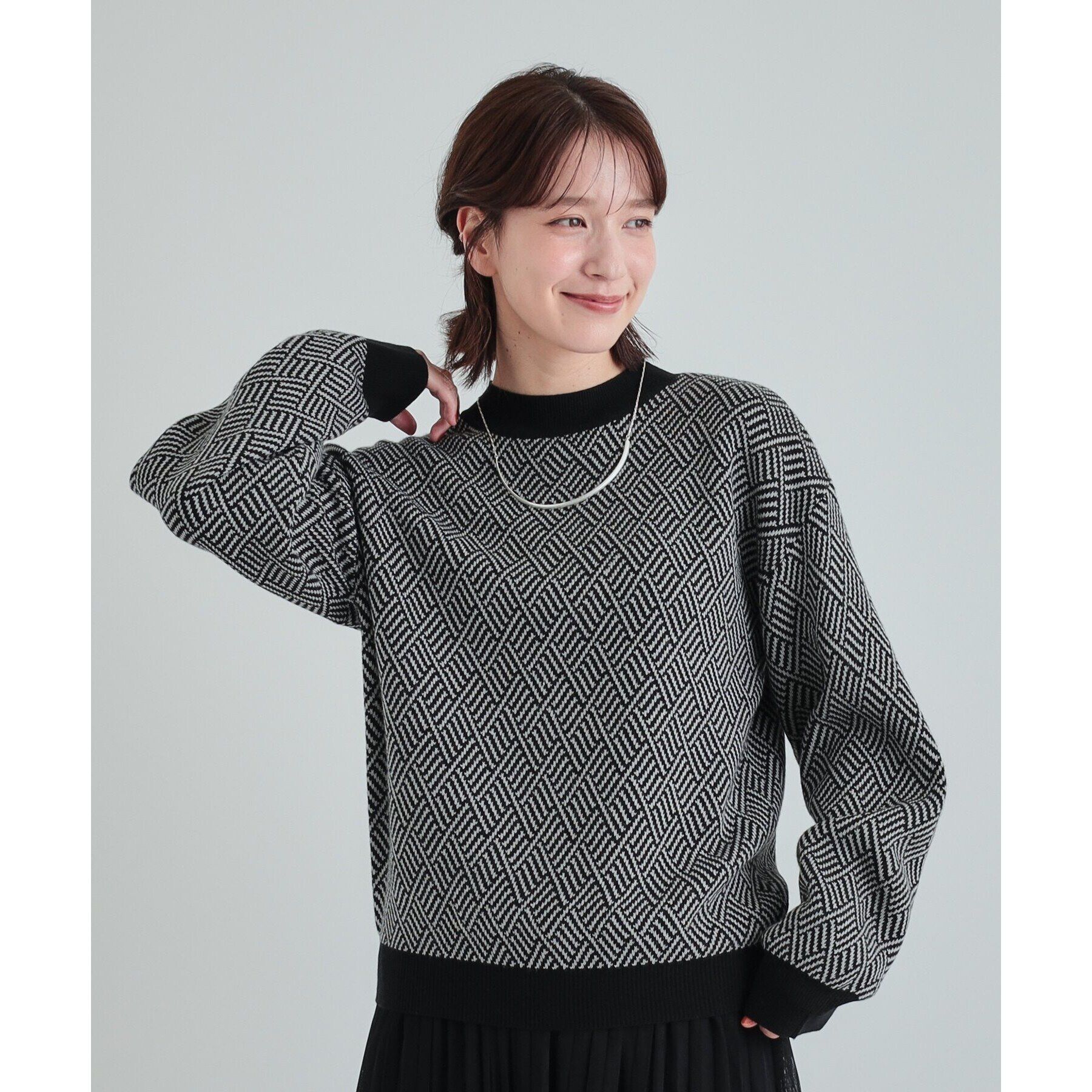 SHOO･LA･RUE「【S-LL/洗える/毛玉レス】クラシカルな柄が目を惹く プチハイネックニット」|ニット・セーター|