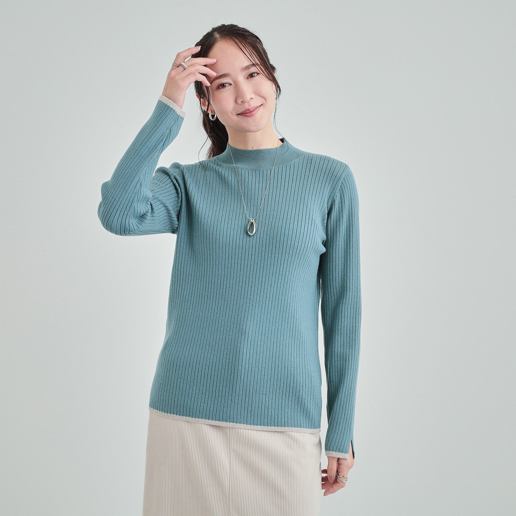 SHOO･LA･RUE「【洗える】1枚でこなれ見え 配色ライン リブハイネックニット」|ニット・セーター|