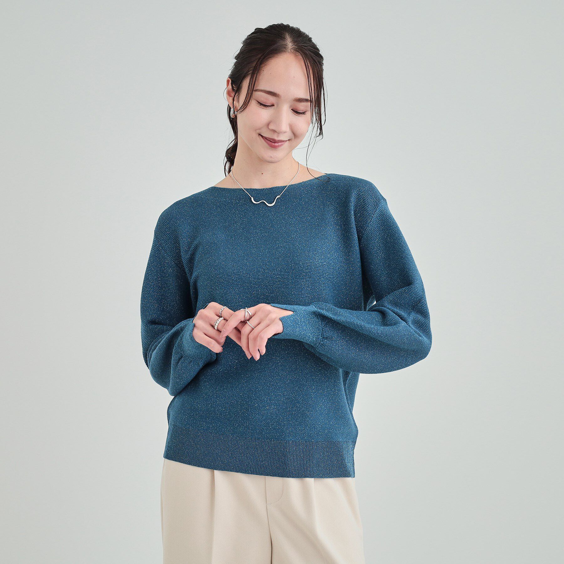 SHOO･LA･RUE「【高レビュー/S-LL】大人のきらめき ボートネック ラメニット」|ニット・セーター|