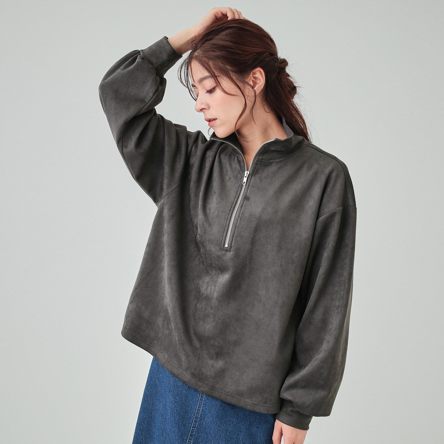 SHOO･LA･RUE「スエード調ハーフジッププルオーバー」|Tシャツ・カットソー|チャコールグレー(0
