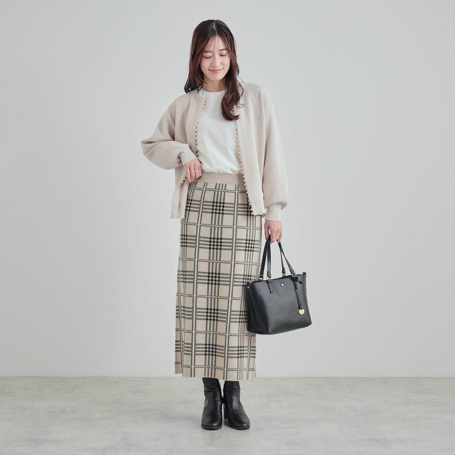 SHOO･LA･RUE「【高レビュー/洗える/セットアップ可】 着る度うっとり もちもちチェック柄ニットナロースカート」|スカート|