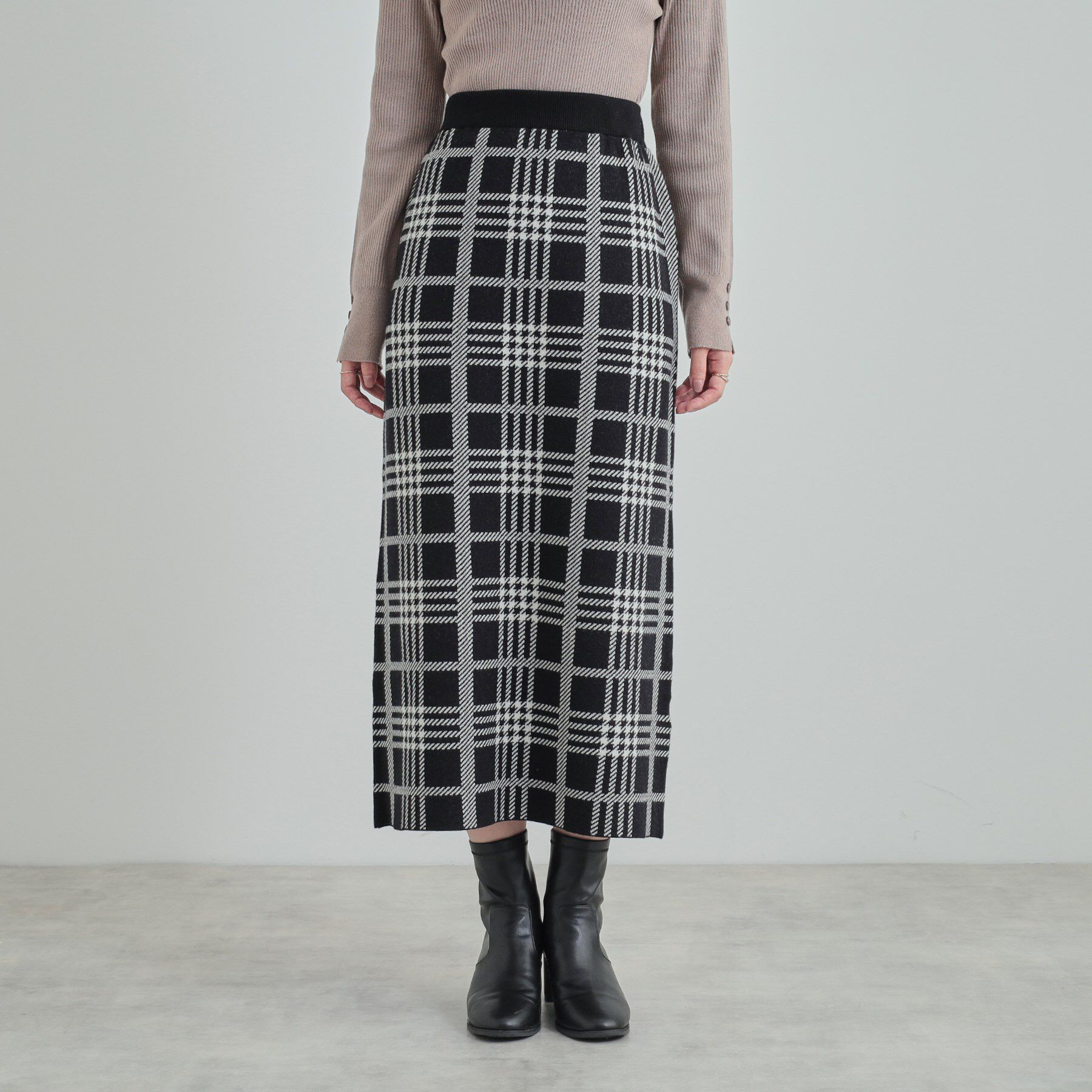 SHOO･LA･RUE「【高レビュー/洗える/セットアップ可】 着る度うっとり もちもちチェック柄ニットナロースカート」|スカート|