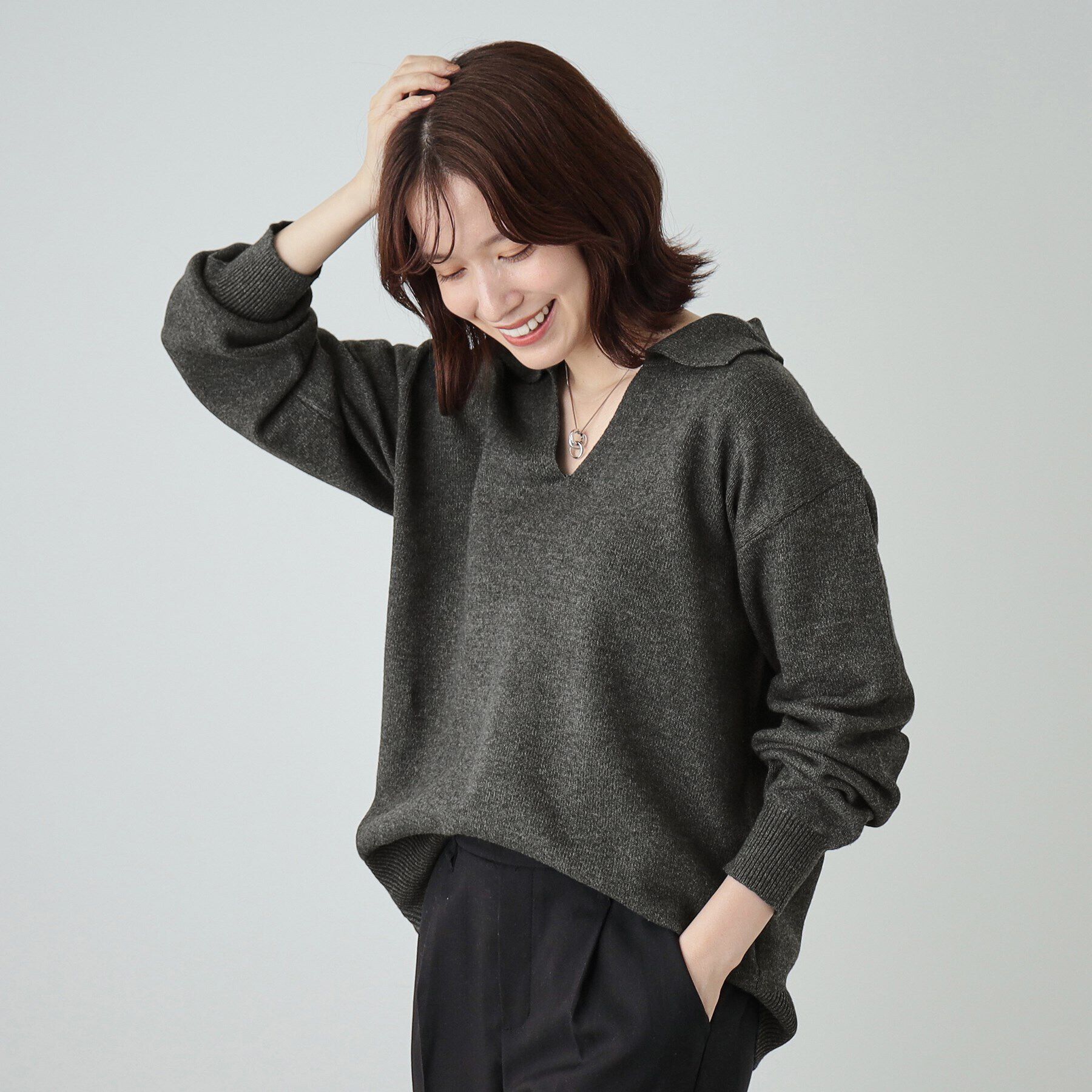 SHOO･LA･RUE「【S－LL】スキッパー衿付きニット」|ニット・セーター|チャコールグレー(0