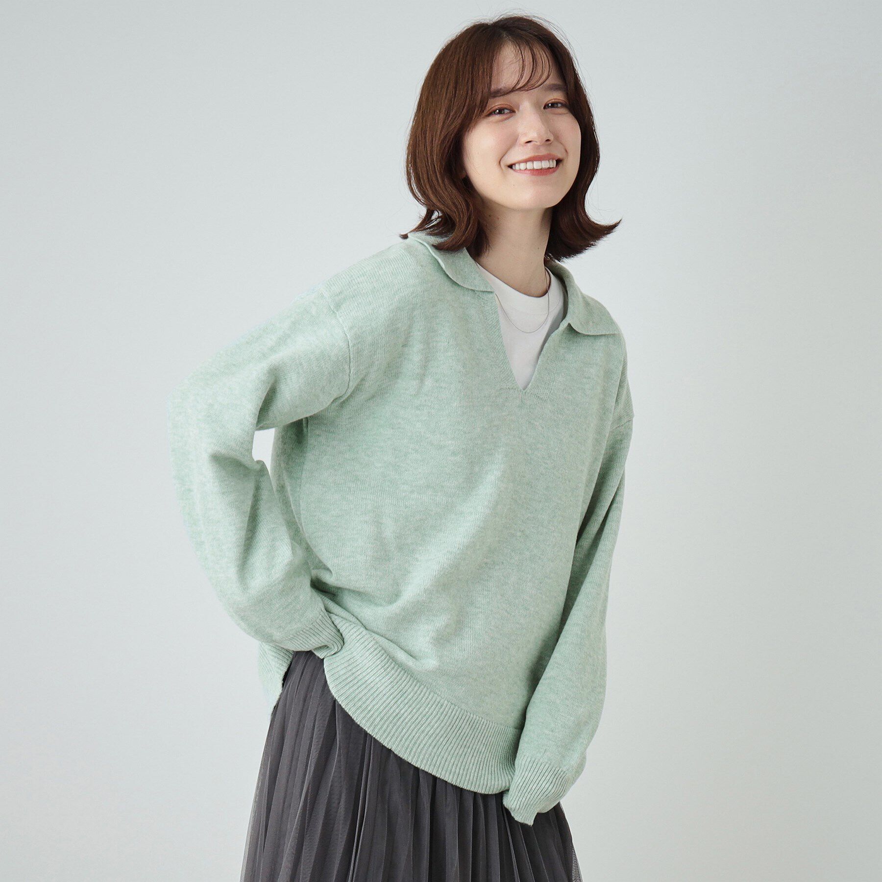 SHOO･LA･RUE「【S－LL】スキッパー衿付きニット」|ニット・セーター|ミントグリーン(02