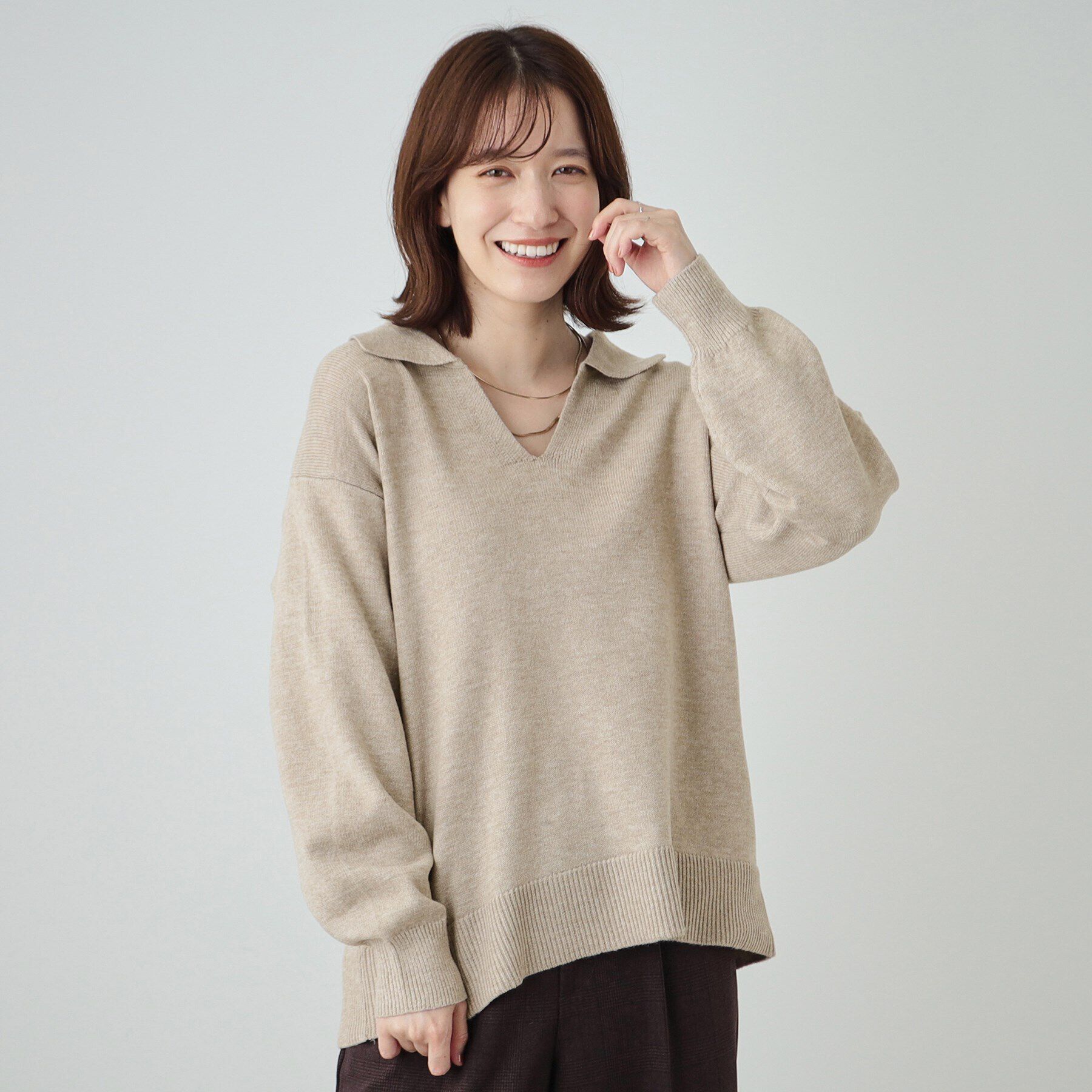 SHOO･LA･RUE「【S－LL】スキッパー衿付きニット」|ニット・セーター|ベージュ(052)
