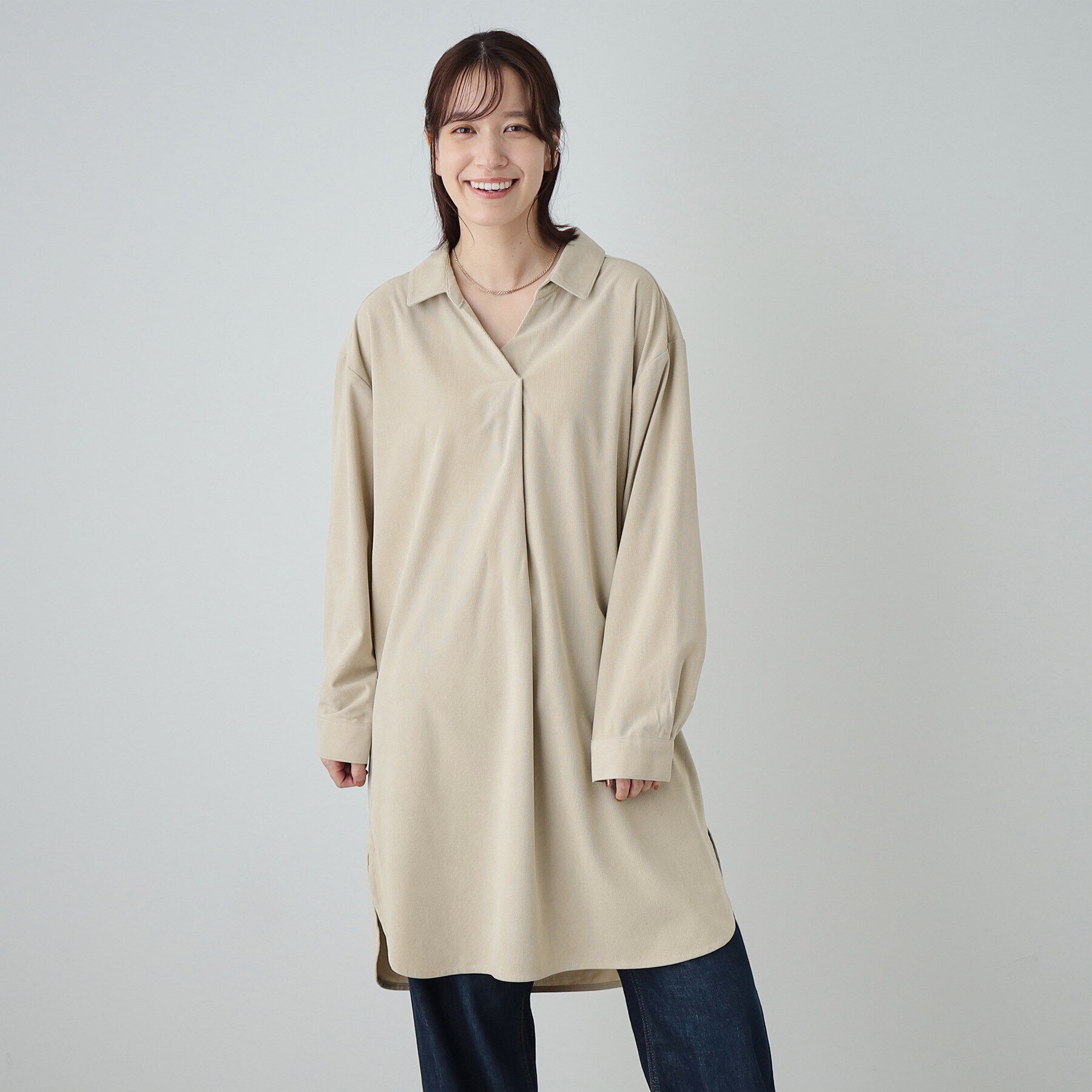 SHOO･LA･RUE「【洗える/S-LL/体型カバー】大人の上品カジュアル コーデュロイ スキッパーチュニック」|チュニック|