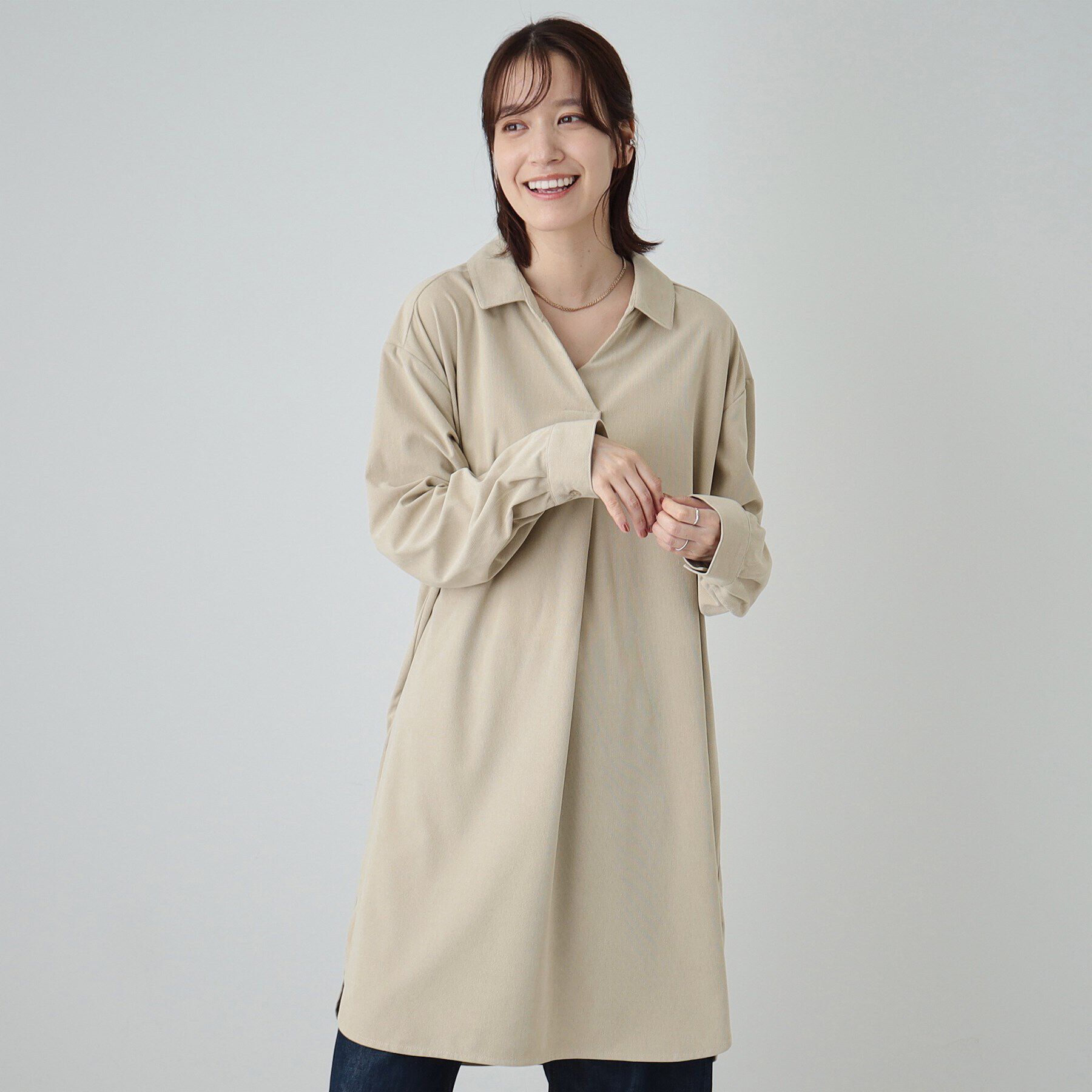 SHOO･LA･RUE「【洗える/S-LL/体型カバー】大人の上品カジュアル コーデュロイ スキッパーチュニック」|チュニック|ベージュ(052)