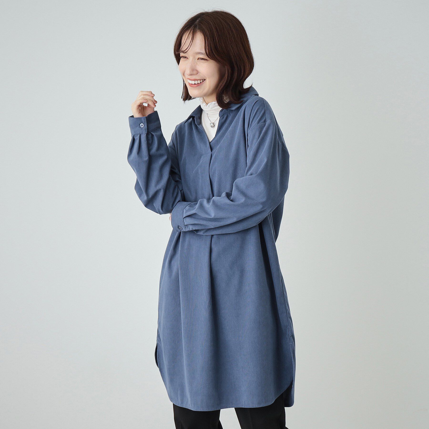 SHOO･LA･RUE「【洗える/S-LL/体型カバー】大人の上品カジュアル コーデュロイ スキッパーチュニック」|チュニック|ブルー(093)