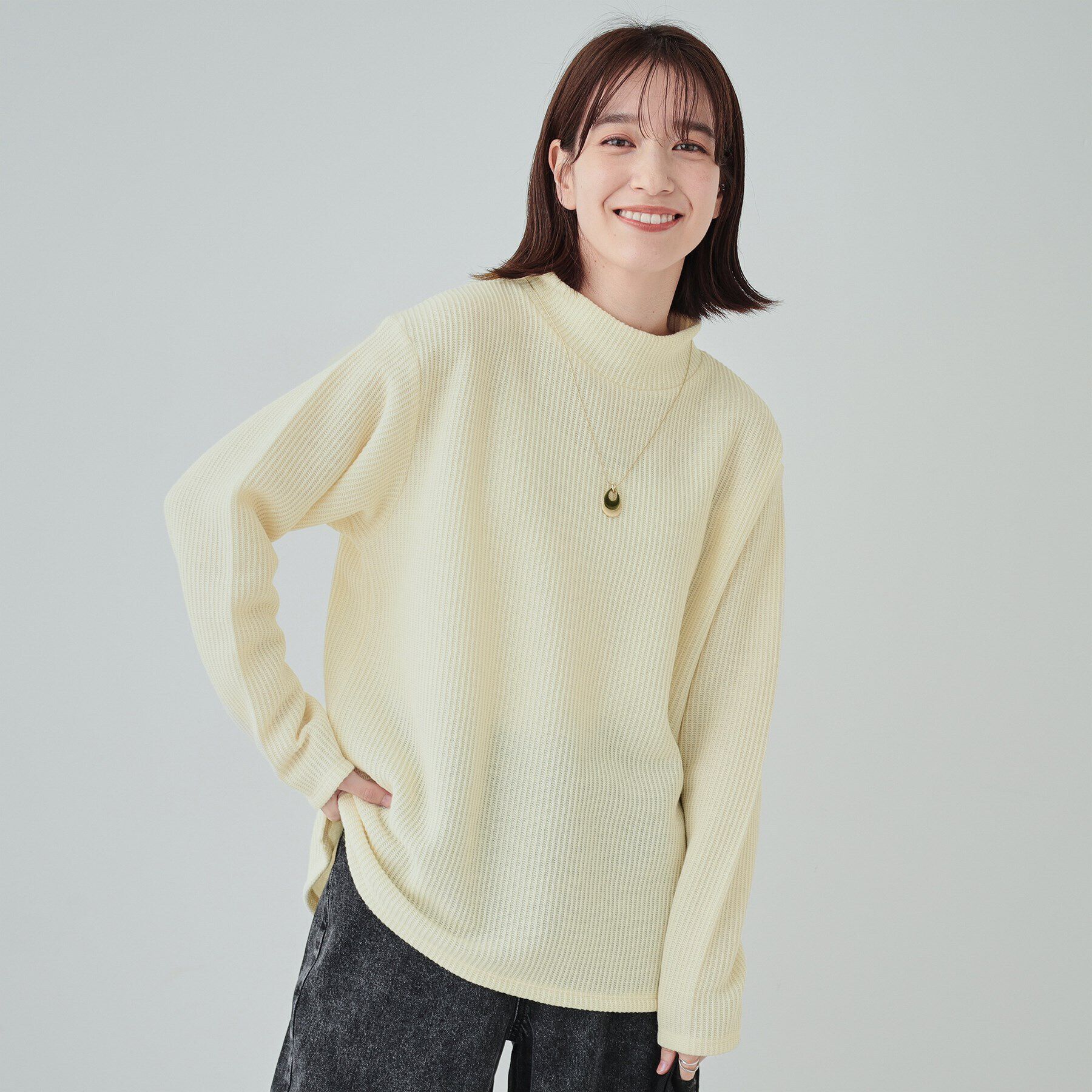 SHOO･LA･RUE「【あったか/S-LL/洗濯機可】裏起毛であったか畦編みハイネックトップス」|Tシャツ・カットソー|アイボリー(004)