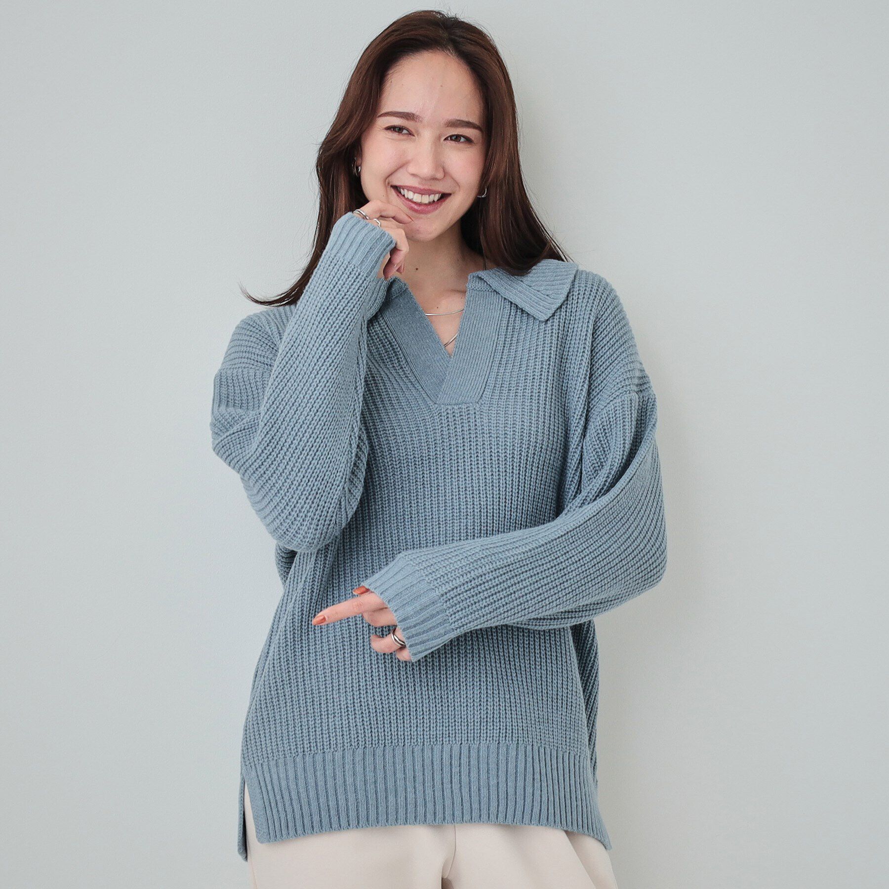 SHOO･LA･RUE「【S-LL】襟付きでこなれる 畦編みゆるニット」|ニット・セーター|ブルー(091)