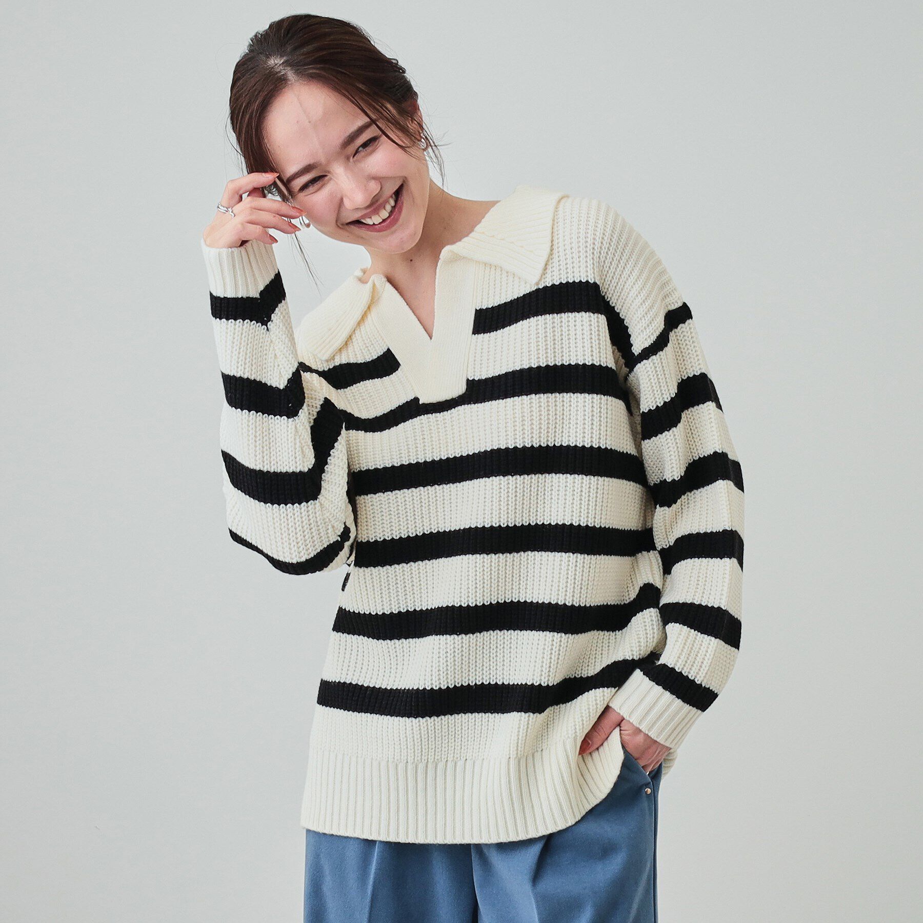 SHOO･LA･RUE「【S-LL】襟付きでこなれる 畦編みゆるニット」|ニット・セーター|オフホワイト(303