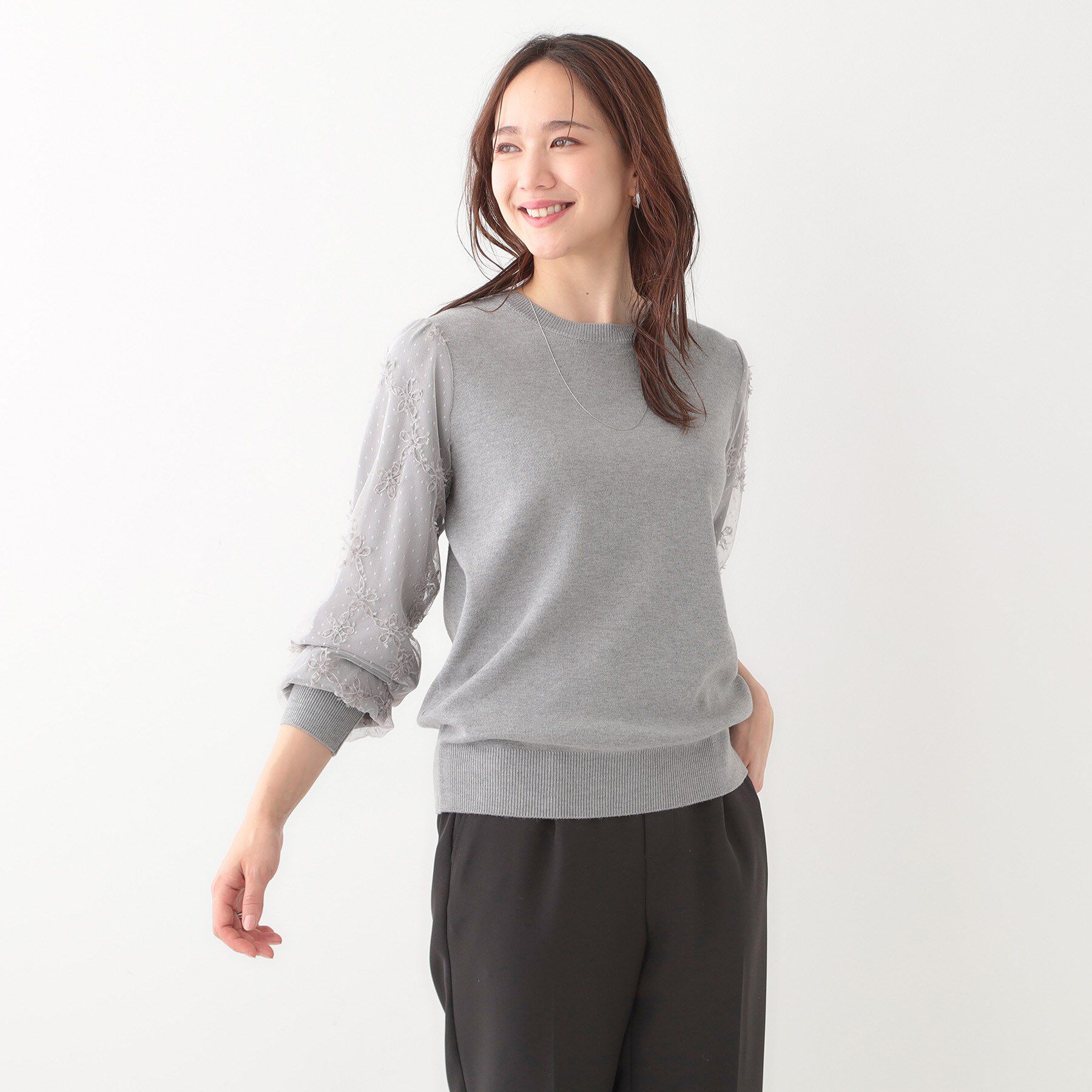 SHOO･LA･RUE「【S-LL】1枚で華やかになる お袖レースドッキングニット」|ニット・セーター|