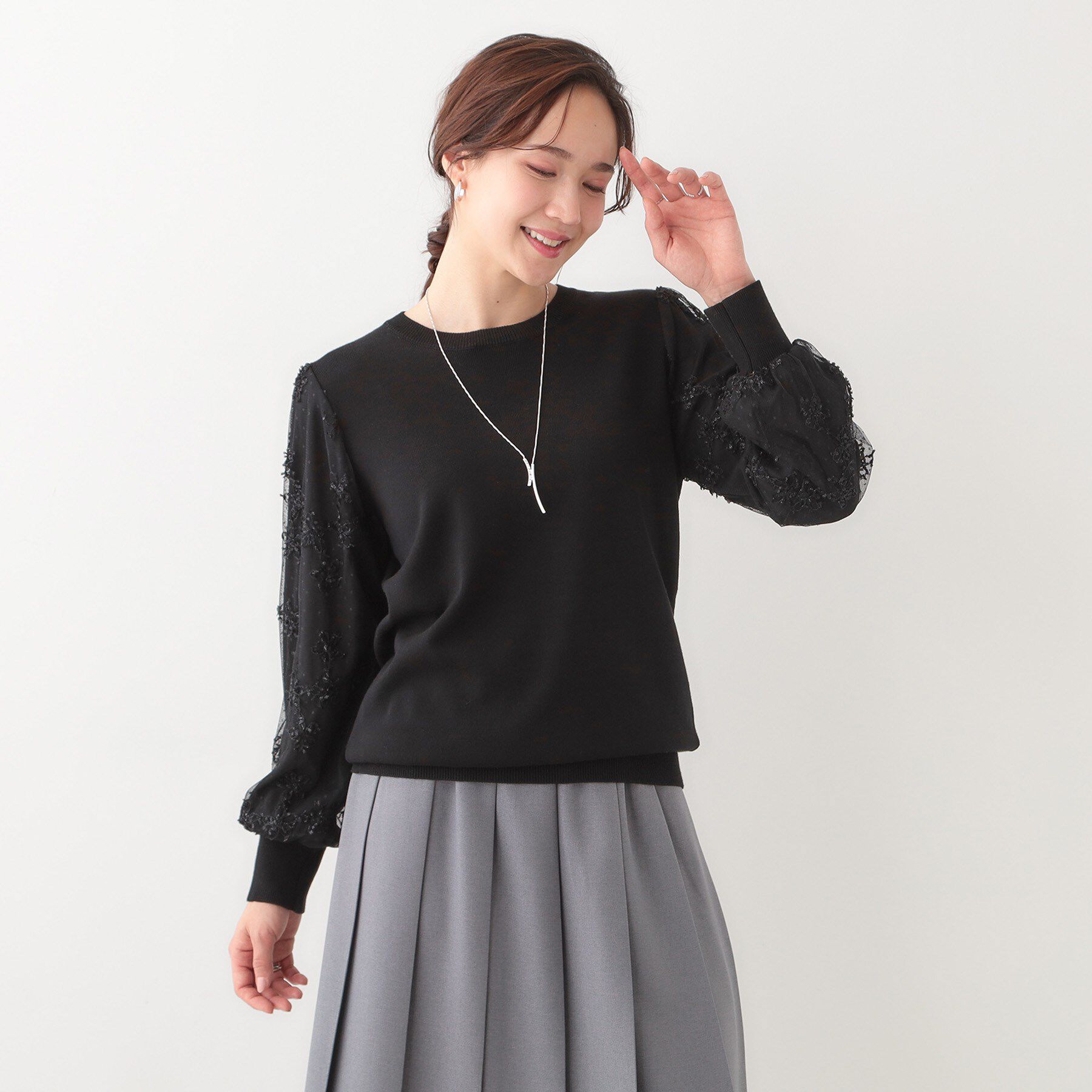 SHOO･LA･RUE「【S-LL】1枚で華やかになる お袖レースドッキングニット」|ニット・セーター|