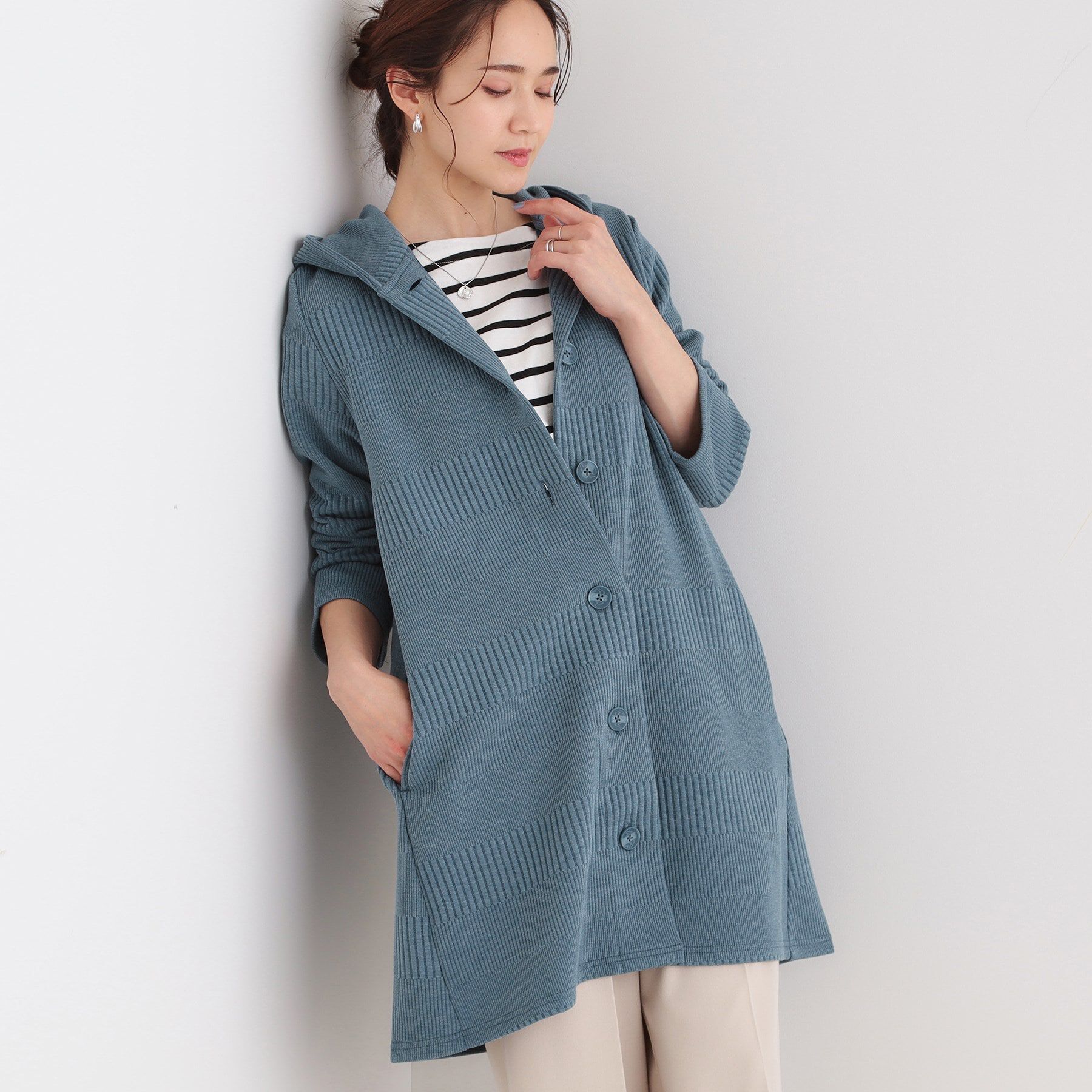 SHOO･LA･RUE「【S-LL】体型をカバーしながらスマートに魅せる ラインジャカードコーディガン」|カーディガン|ブルー(093)