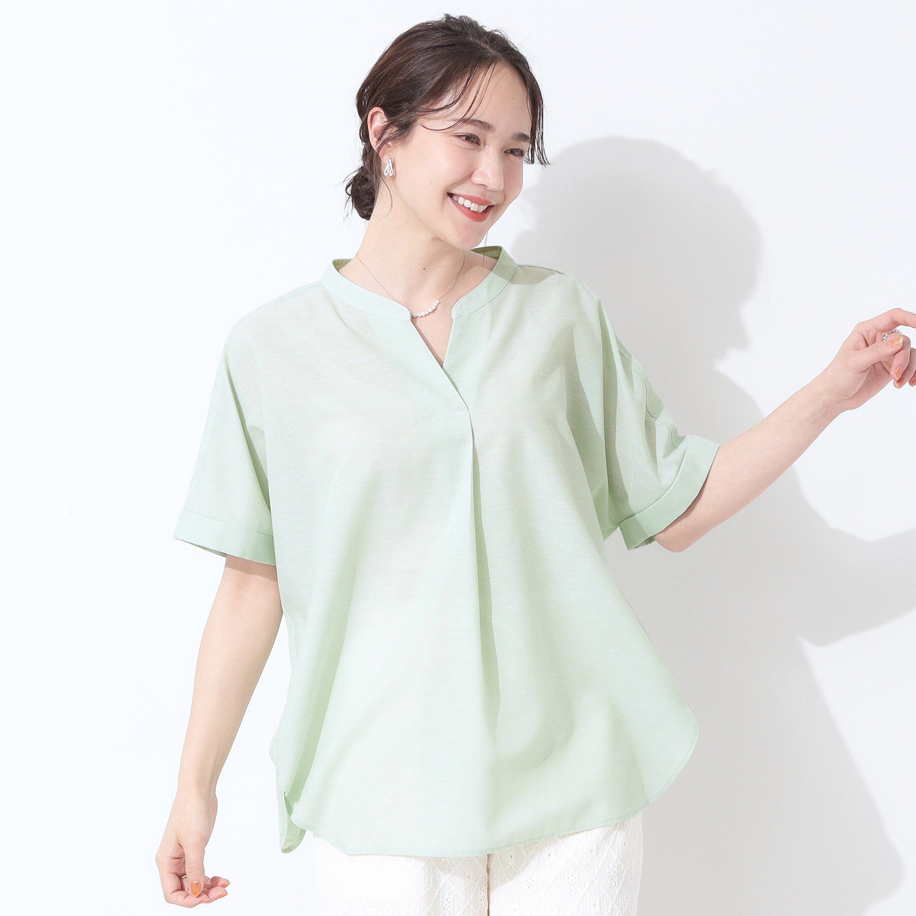 SHOO･LA･RUE「【高レビュー/洗える/UV/吸水速乾】洗濯後しわになりにくいリネンブレンドドルマンシャツ」|シャツ・ブラウス|