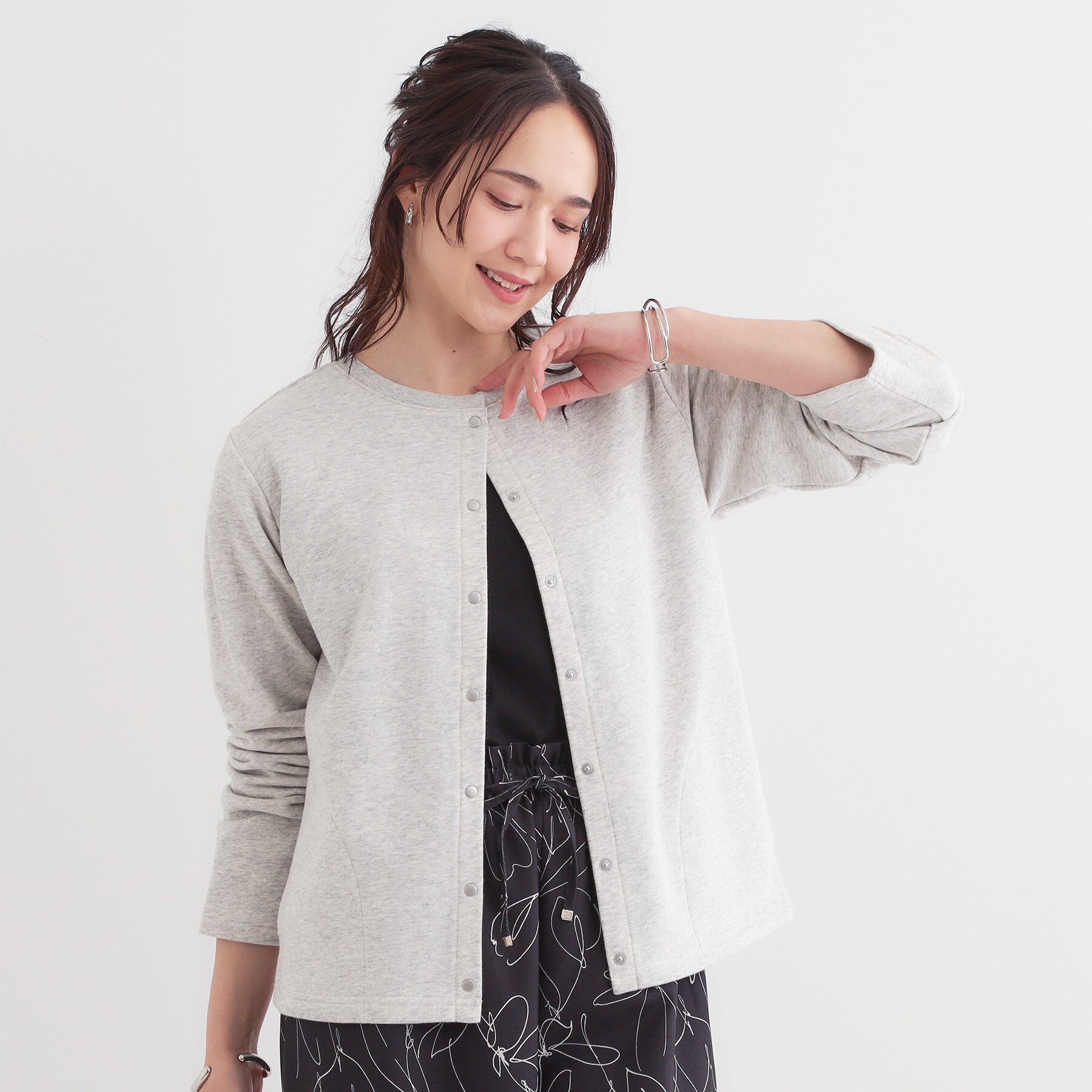 SHOO･LA･RUE「【洗える/S-LL】大人カジュアルコーデに ミニ裏毛スナップカーディガン」|カーディガン|